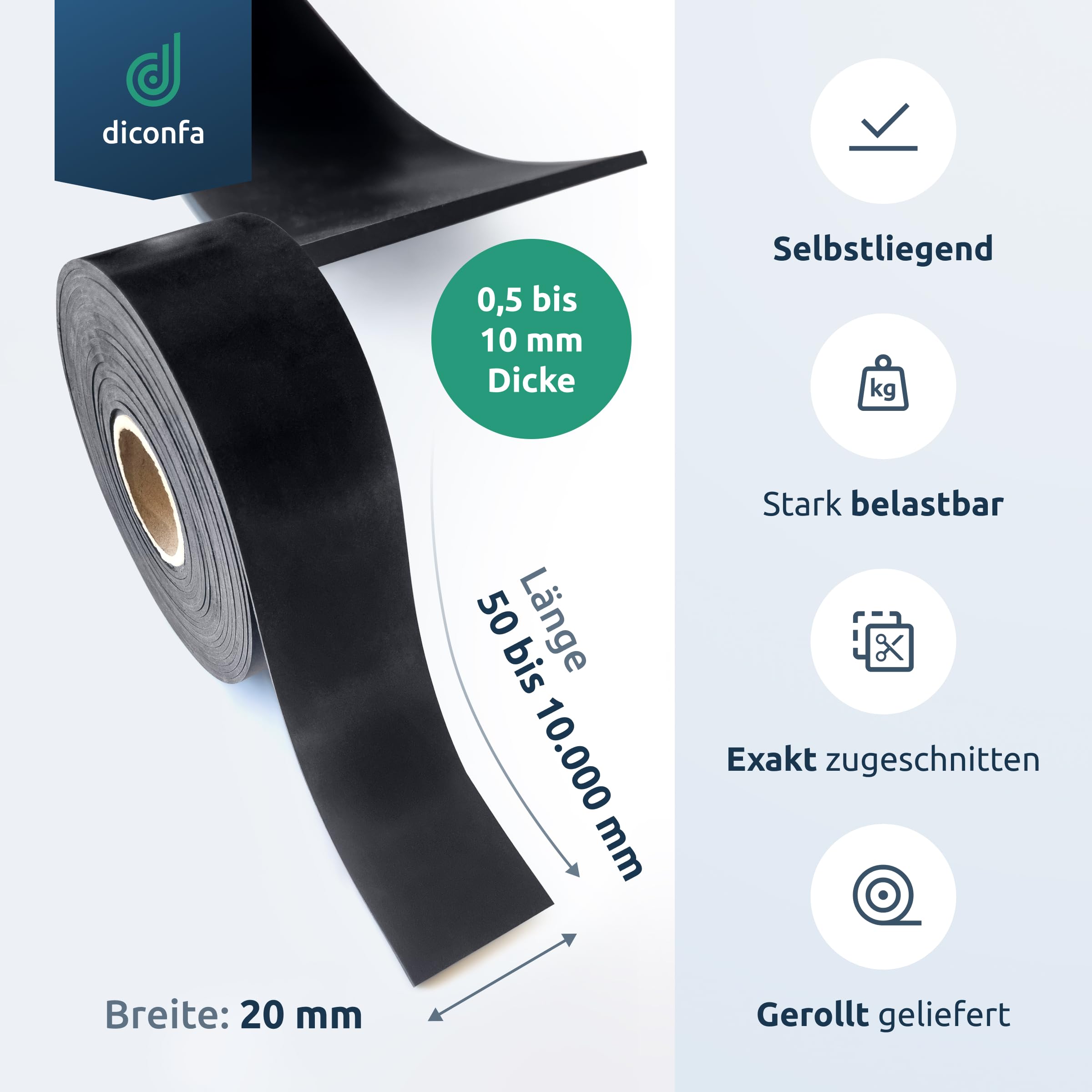 diconfa Bande de Caoutchouc Largeur 20mm 2 cm - ÉPAISSEUR 1 à 10 mm - Longueur 0,05 à 10 m ==> 8000 mm (800 cm) de Long, 5 mm d'épaisseur - Tapis en Caoutchouc Vendu au mètre antidérapant