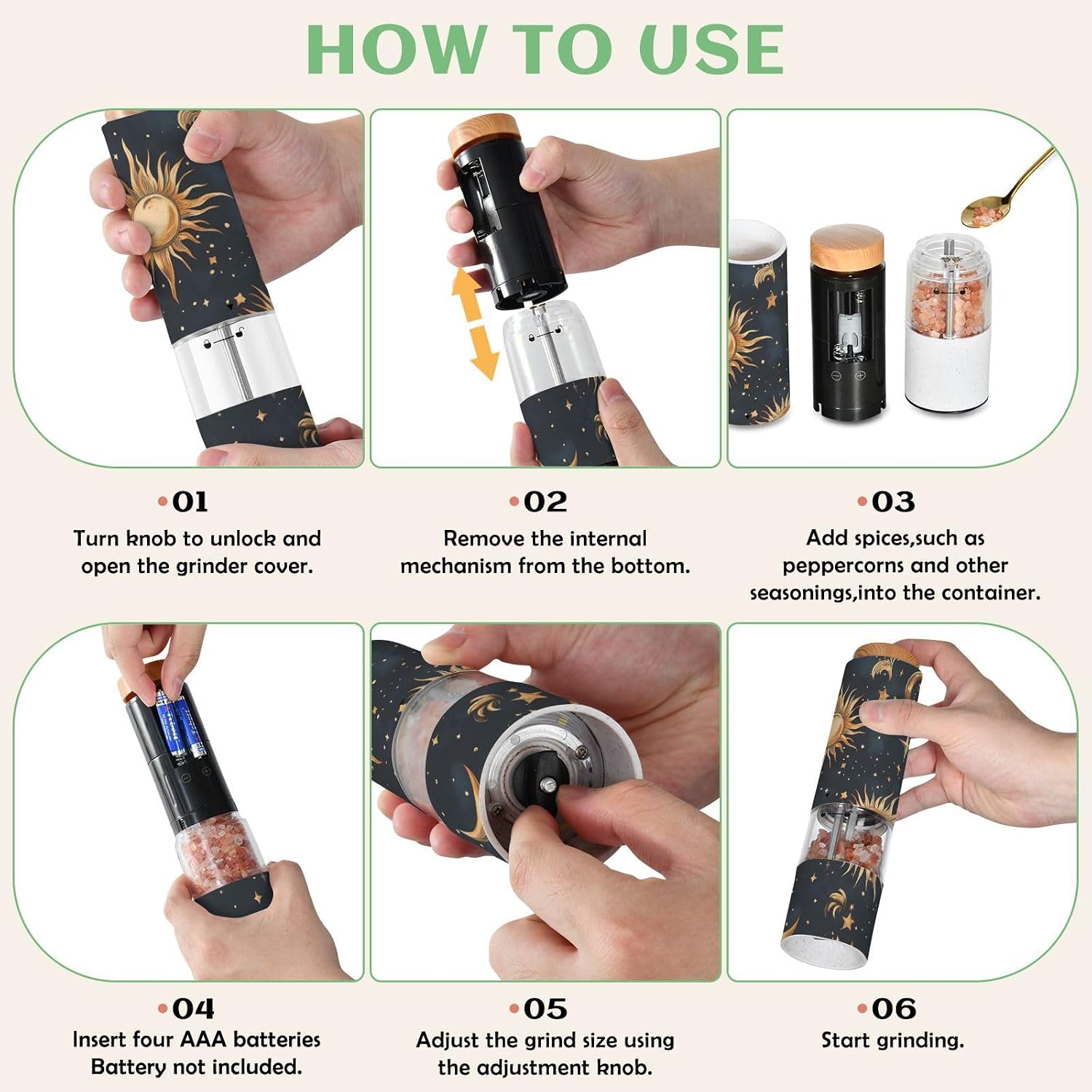 ALAZA Electric Pepper Grinder with Adjustable Coarseness, Starrysky Sun Moon Star Pattern Battery Automatic Salt and Pepper Mill with Led, One-Handed Operation Spice Grinder for Kitchen, Camping & BBQ