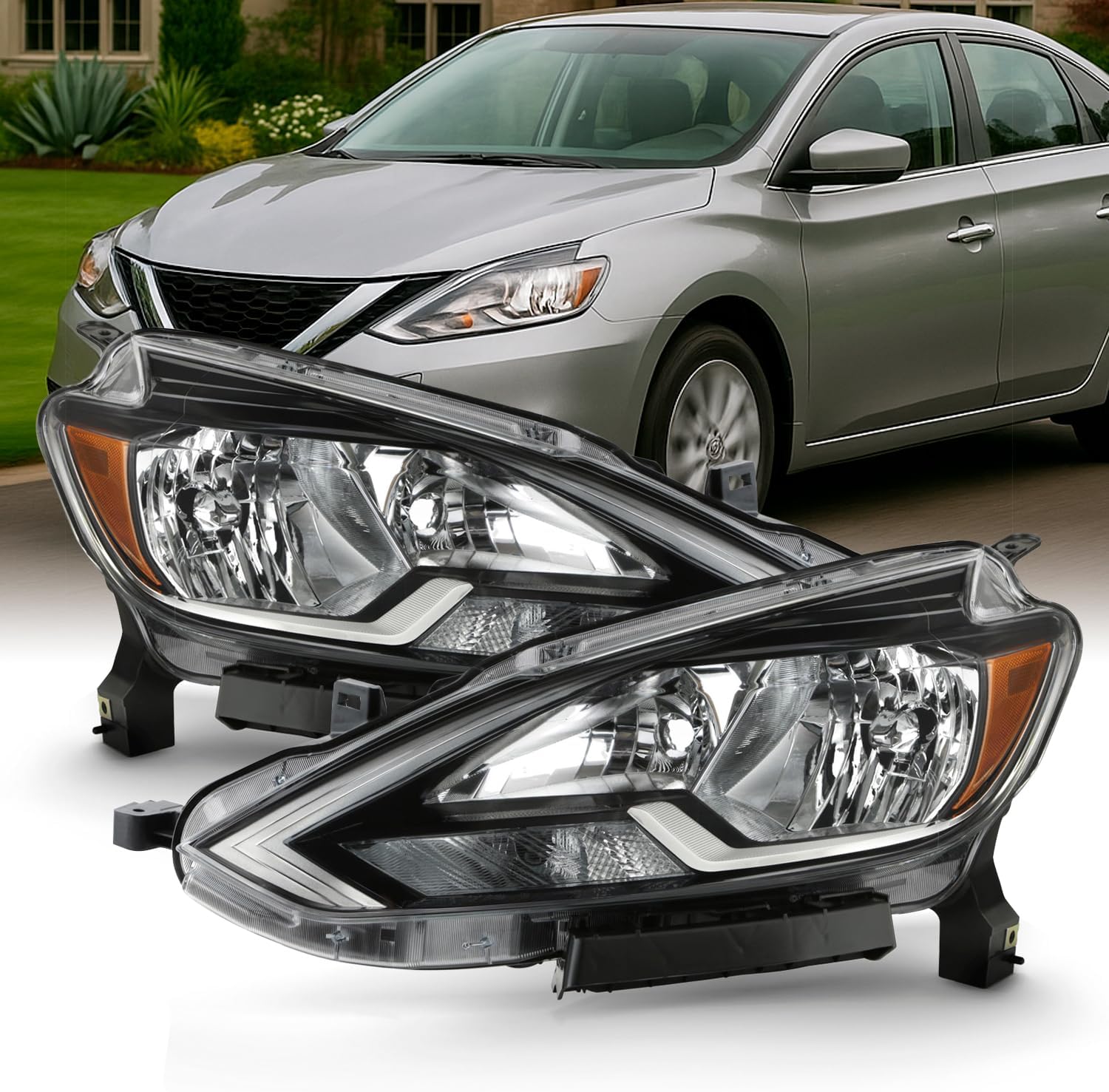 AKKON - Fits 2016 2017 2018 2019 Sentra [Halogen Type] Headlights w/Chrome bezel Pair Headlamps Driver Left + Passenger Right
