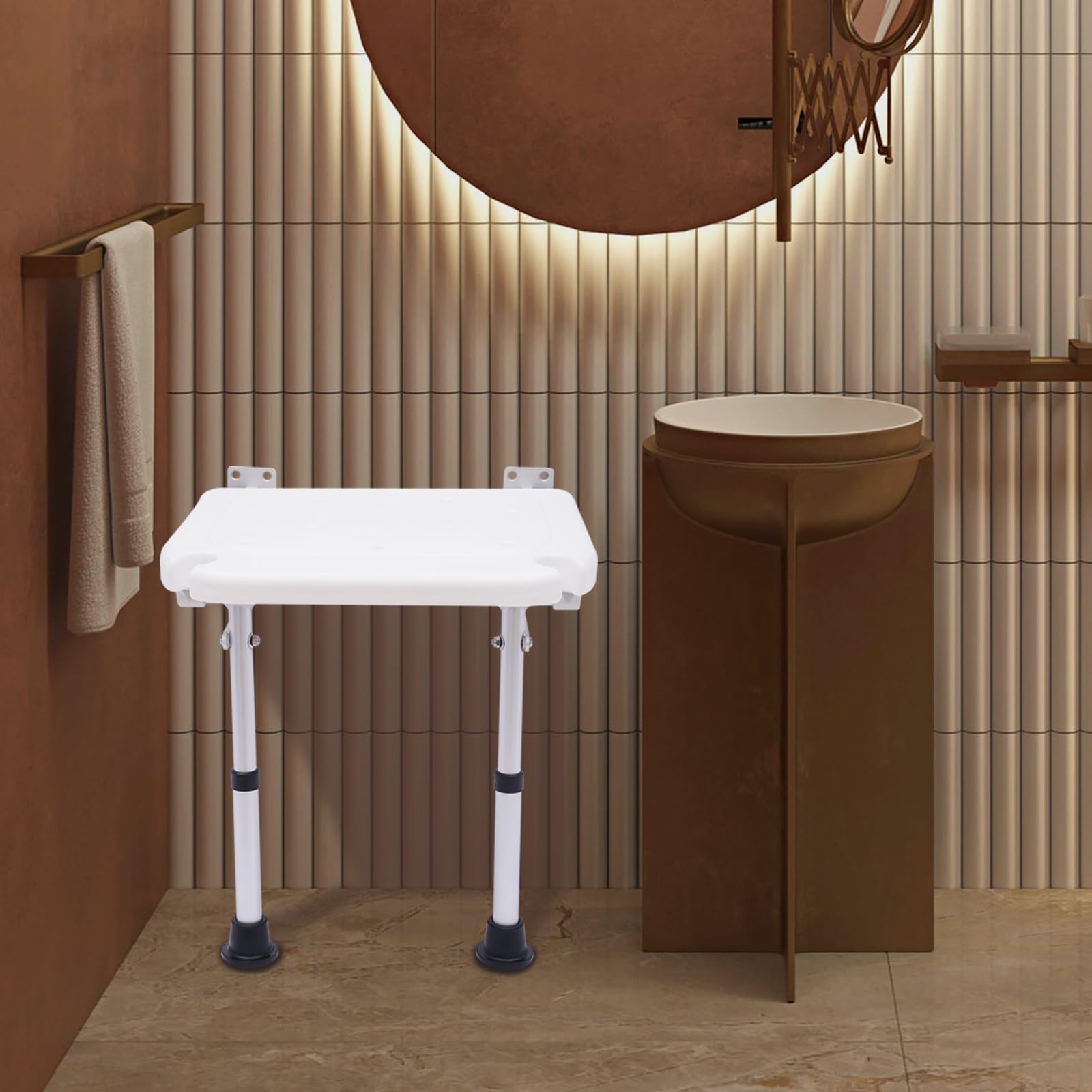 Asiento de ducha plegable montado en la pared, silla de baño, taburete de ducha, asiento de ducha plegable con patas de apoyo, silla de baño, ayuda de ducha, capacidad de carga máxima 220 Lbs,