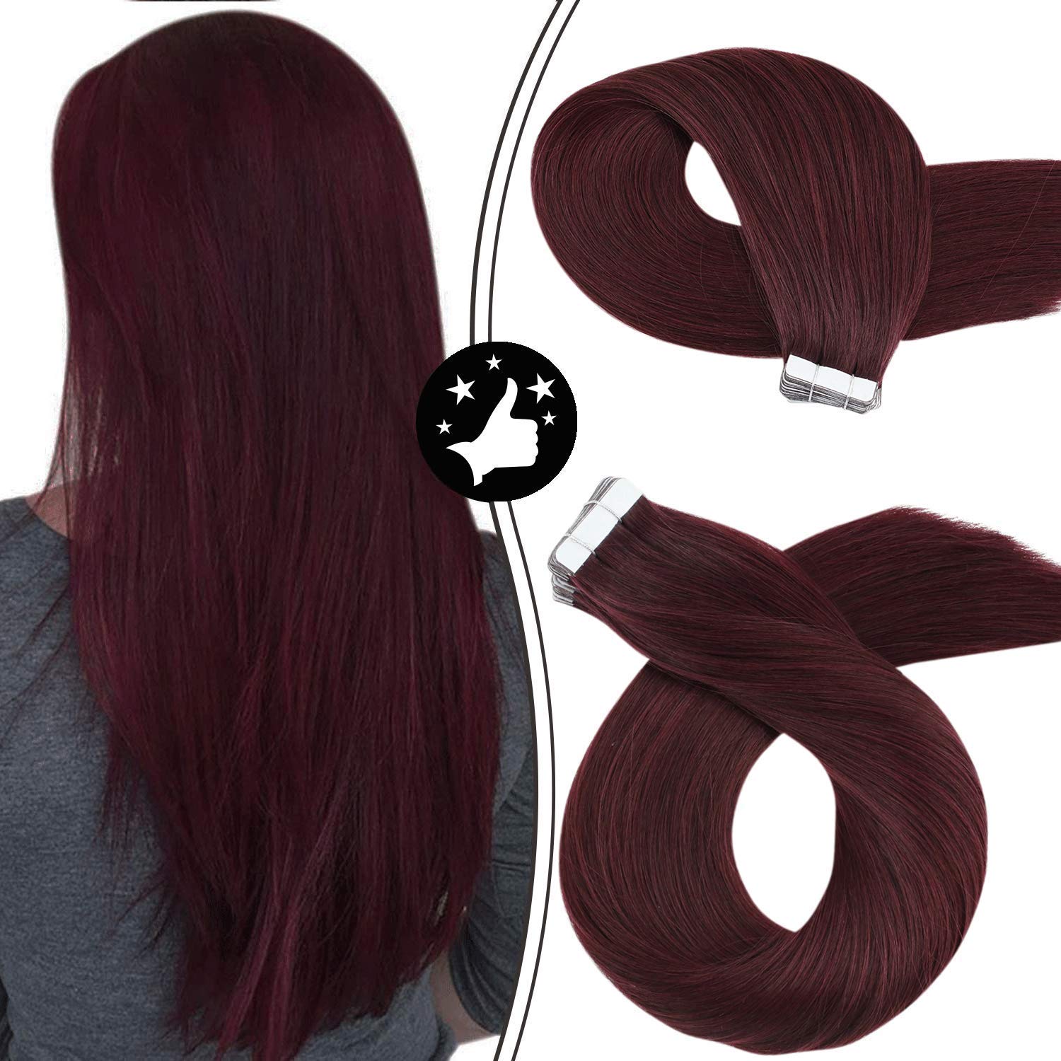 Moresoo Burgundy Hair Extensions Real Hair 20 PCS Tape in Hair Extensions Solid Color #99J Wine Red 
