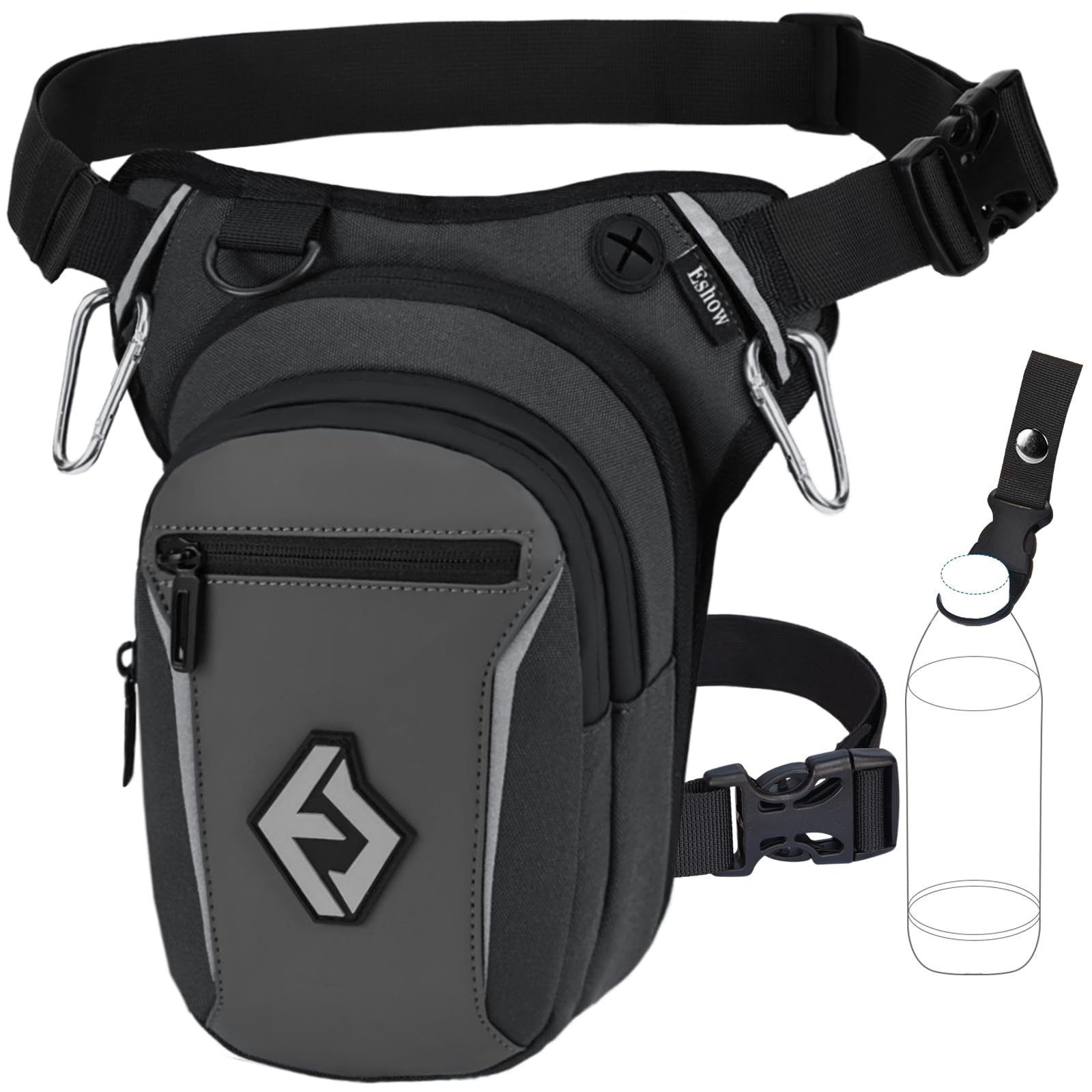Eshow Beintasche Motorrad für Herren Damen, Oberschenkeltasche Gürteltasche Erweiterbare Stauraum, Bauchtasche Reflexstreifen Verstellbarer Beinriemen mit 2 Karabiner für Wandern Radfahren Schwarz