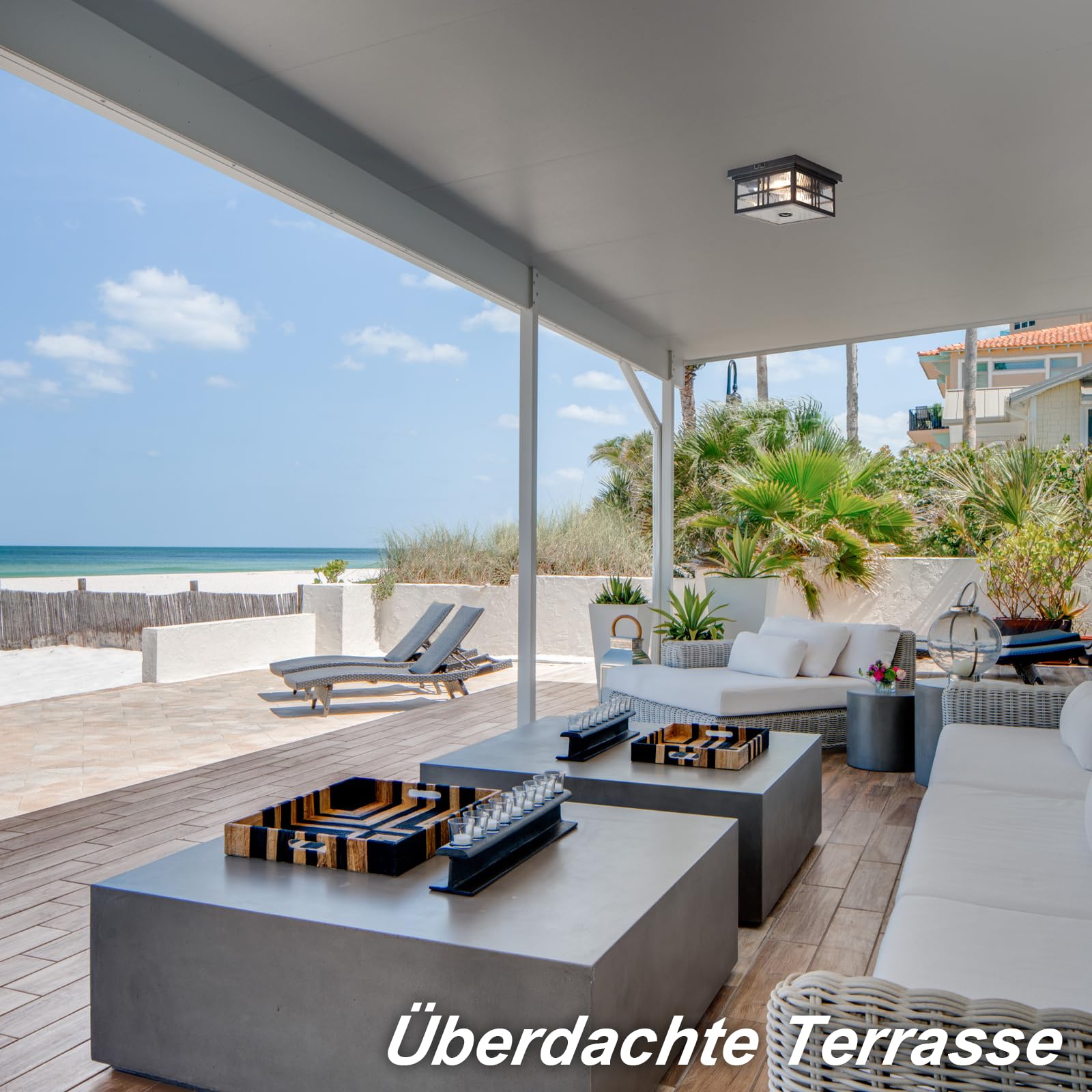 CALOKES Außen-Deckenleuchte mit Bewegungsmelder, bündige Montage. Quadratische schwarze 2-flammige Deckenlampe mit Wasserwellen-Glas, E27-Fassung, ideal für Veranda, Eingangsbereich und Garage
