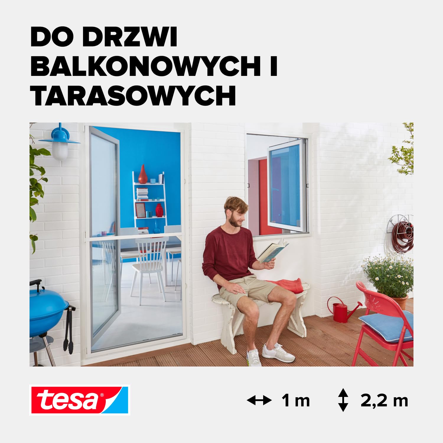 tesa INSECT STOP Aluminium For Doors Frame Fly Screen - siatka z ramą aluminiową, czysty widok, biały - 100 x 220 cm