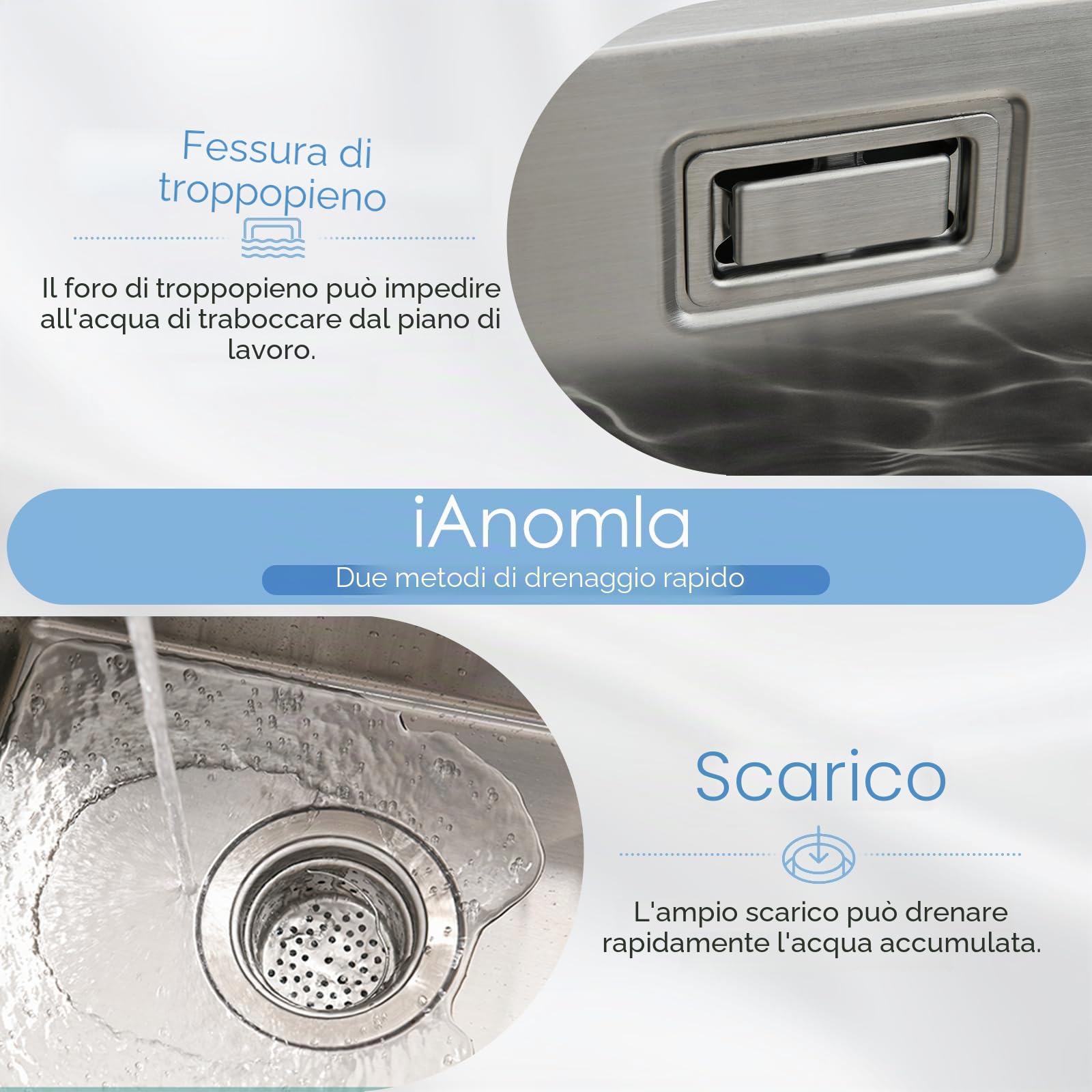 Lavandino Cucina Brushed, 35x50 cm, Lavello Cucina 1 Vasca in Acciaio Inox, Lavello da Esterno per Camper con Set di Drenaggio e 2 Fori di Preforato, Installazione a Sopratop o Filotop