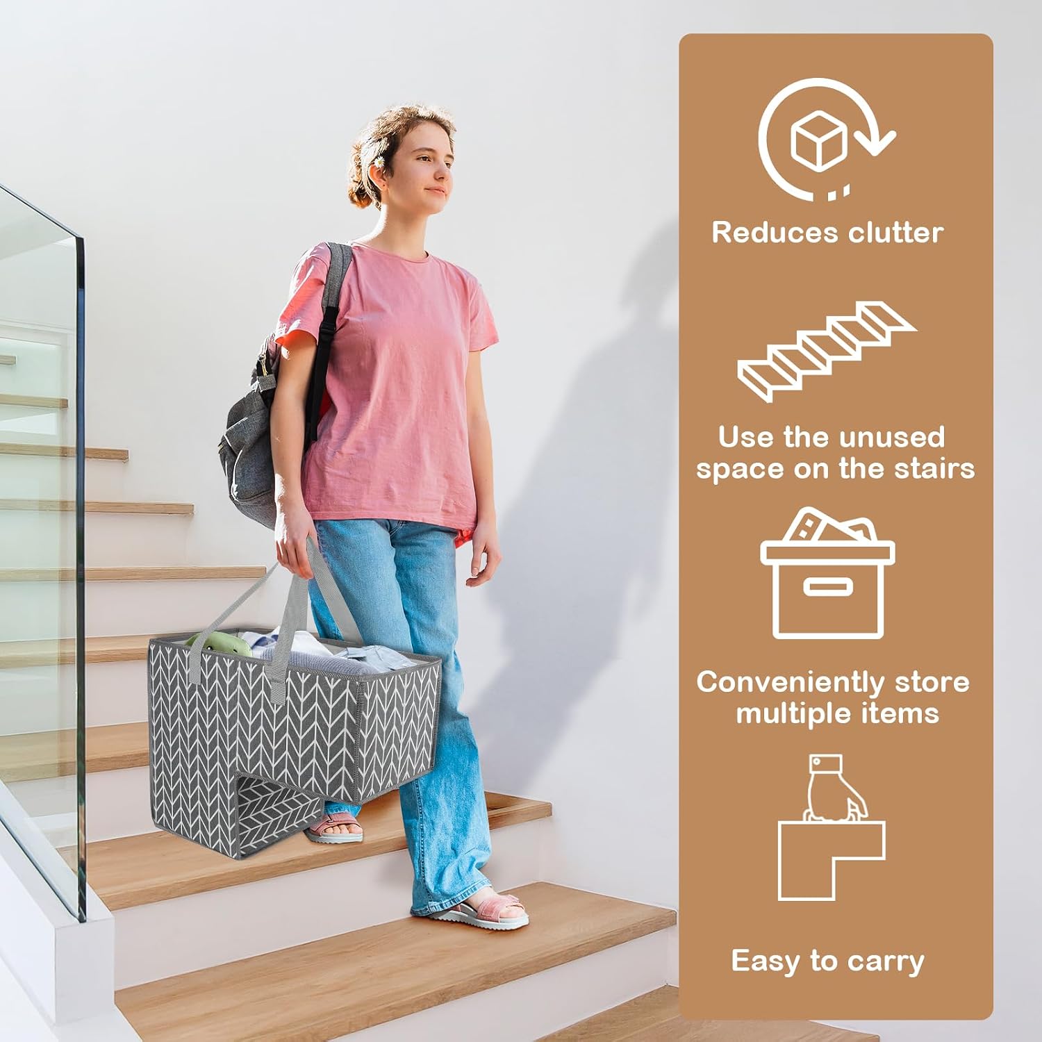 Stair Storage Basket 2-Pack Stair Baskets for Carpeted Stairs or Wooden Stairs, Collapsible Staircase Basket for Clothes Book Organizer, Decorative Baskets for Stair Home Organizers (Style 2)