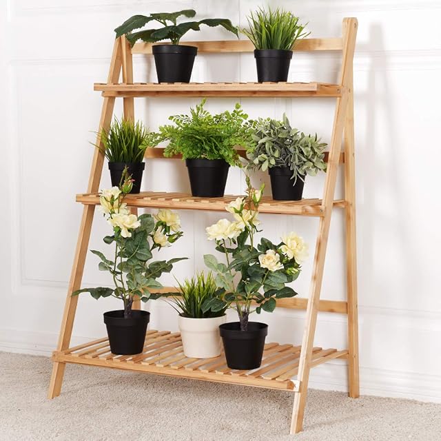 Maxmass 3 Tier Plant Ladder Flower Shelf, Folding Bamboo Plant Stand with Hollow design, Planter Pots Shelving Storage Rack for Indoor Outdoor Home Patio Garden Balcony (Natural)