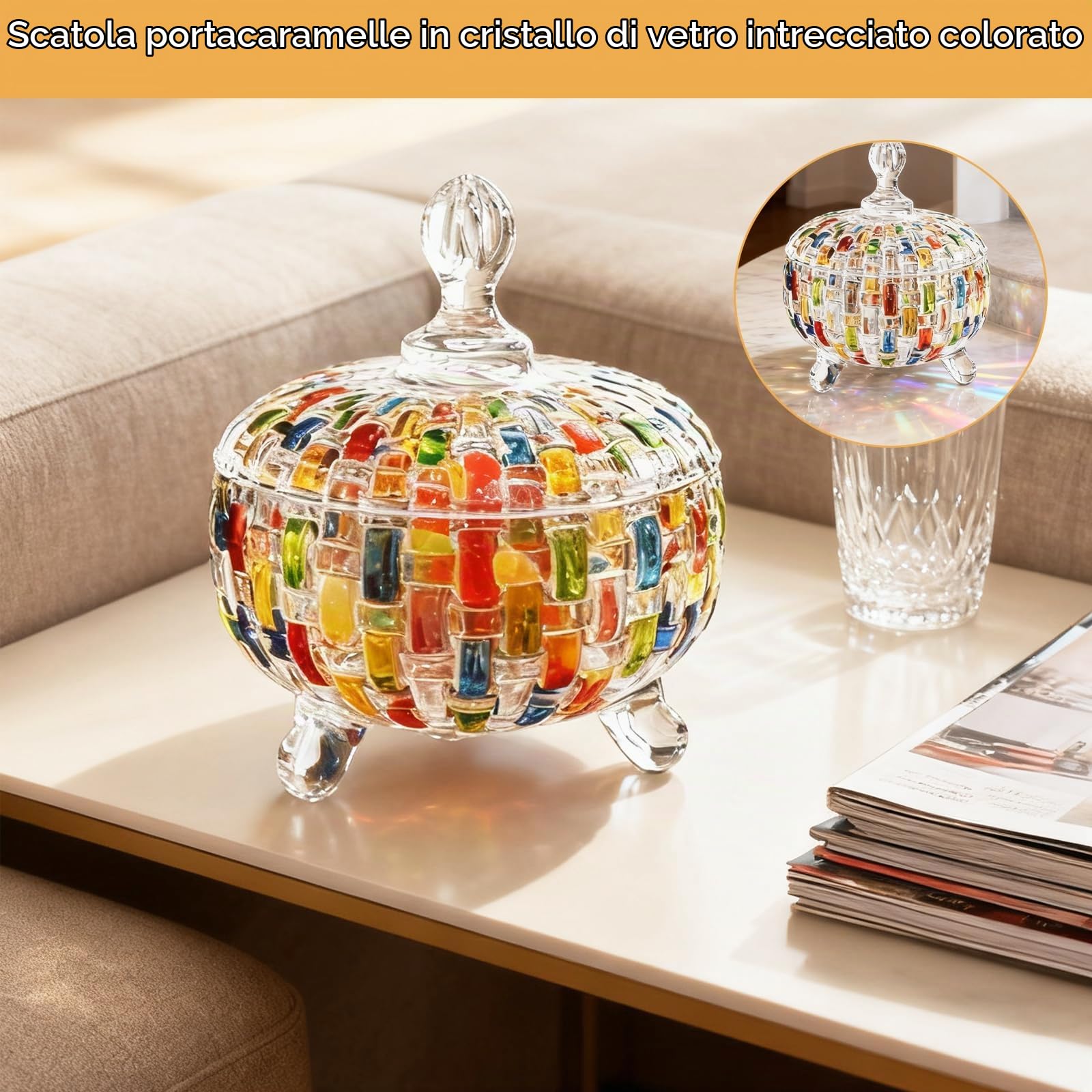 Barattolo di Caramelle, Barattoli di Caramelle in Vetro da 685 ml con Coperchio Scatola per Zucchero in Vetro Intrecciato Colorato Dipinto a Mano per Feste Matrimoni Compleanni Natale Anniversari