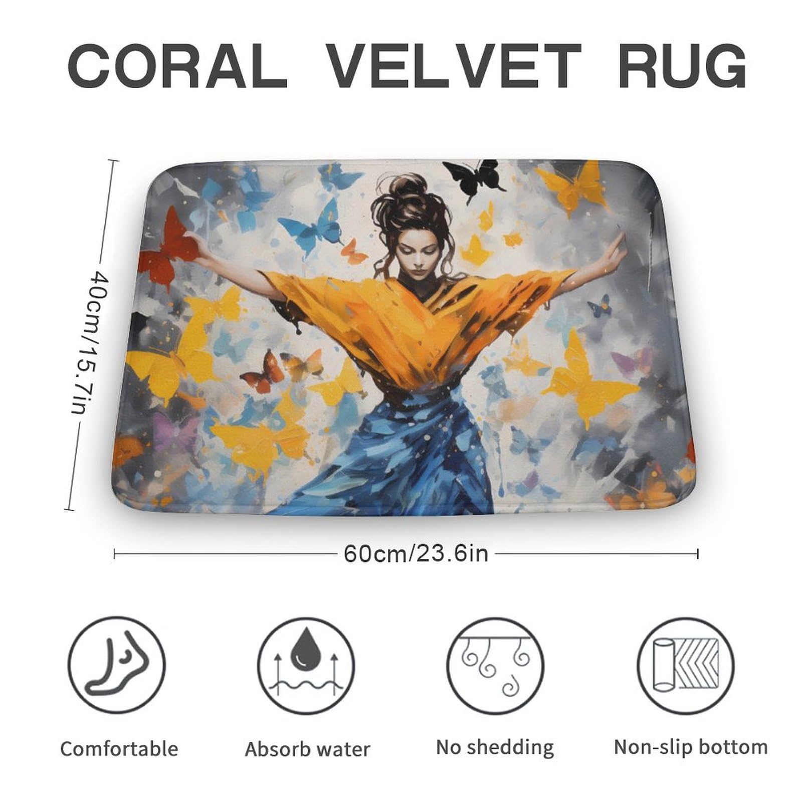 Watercolor Dancer of Butterflies Coral Velvet Rugs Non-Slip Bathroom Rugs Soft Kitchen Rug Floor Carpet for Home Decor 15.7