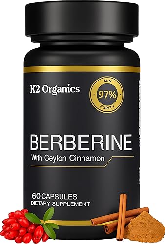 Berberina con canela de Ceilán 1200 mg (60 cápsulas) - 97% de pureza - Sin OMG, sin gluten, suplemento de berberina vegana probado en laboratorio