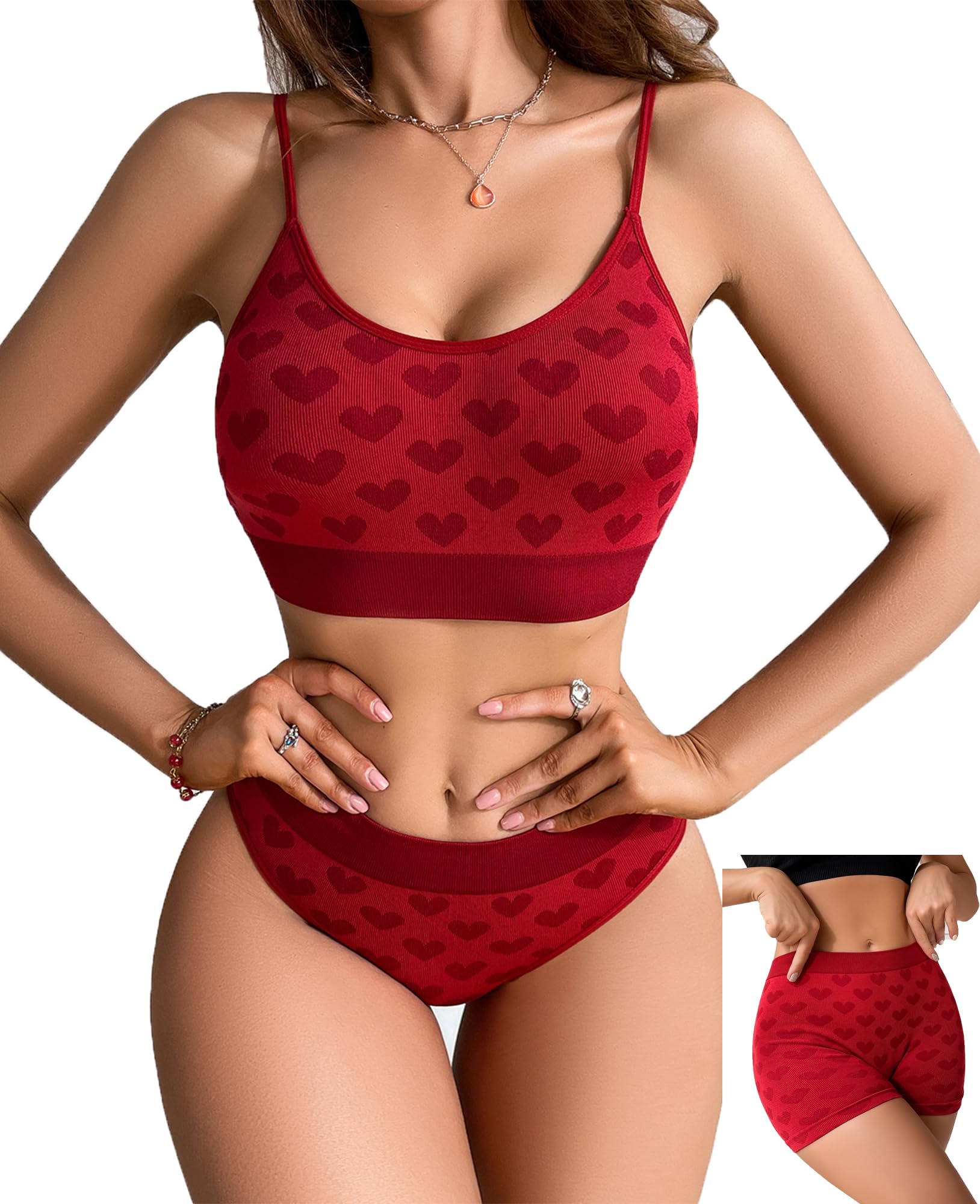 abandi Women's Wireless Ribbed Knit Bra and Panty Set,Camisole and Panties Sports loungewear, High Waist Bra and Panty Sets: Small Red