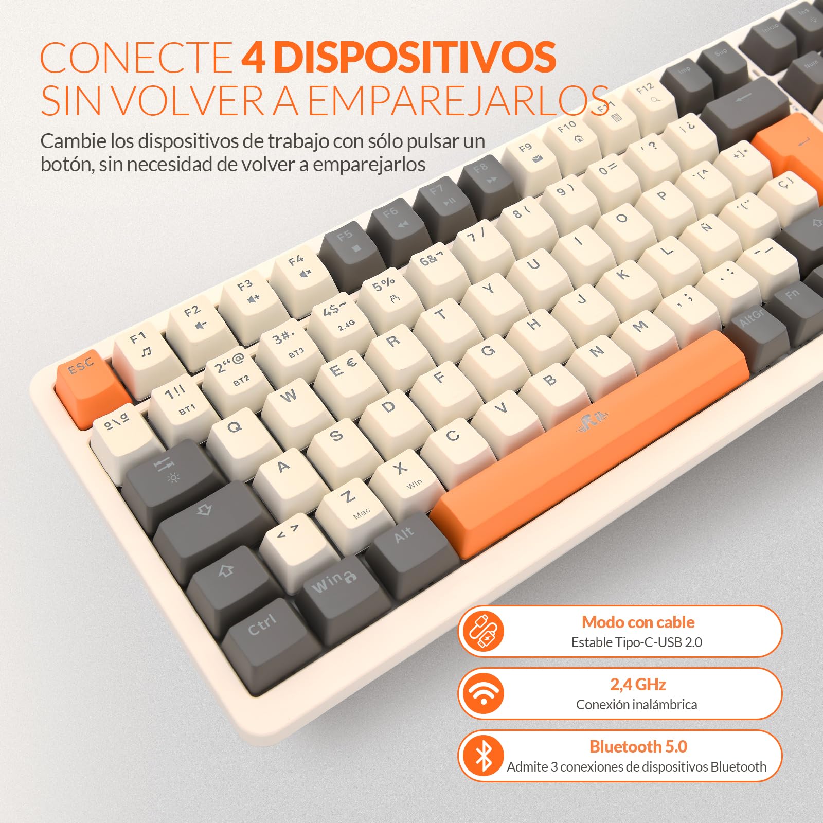 Rii RK909 Teclado 96% Gaming Mecánico, 3 Modos de Conectividad, Retroiluminación LED, Layout Español (Interruptores Azules)