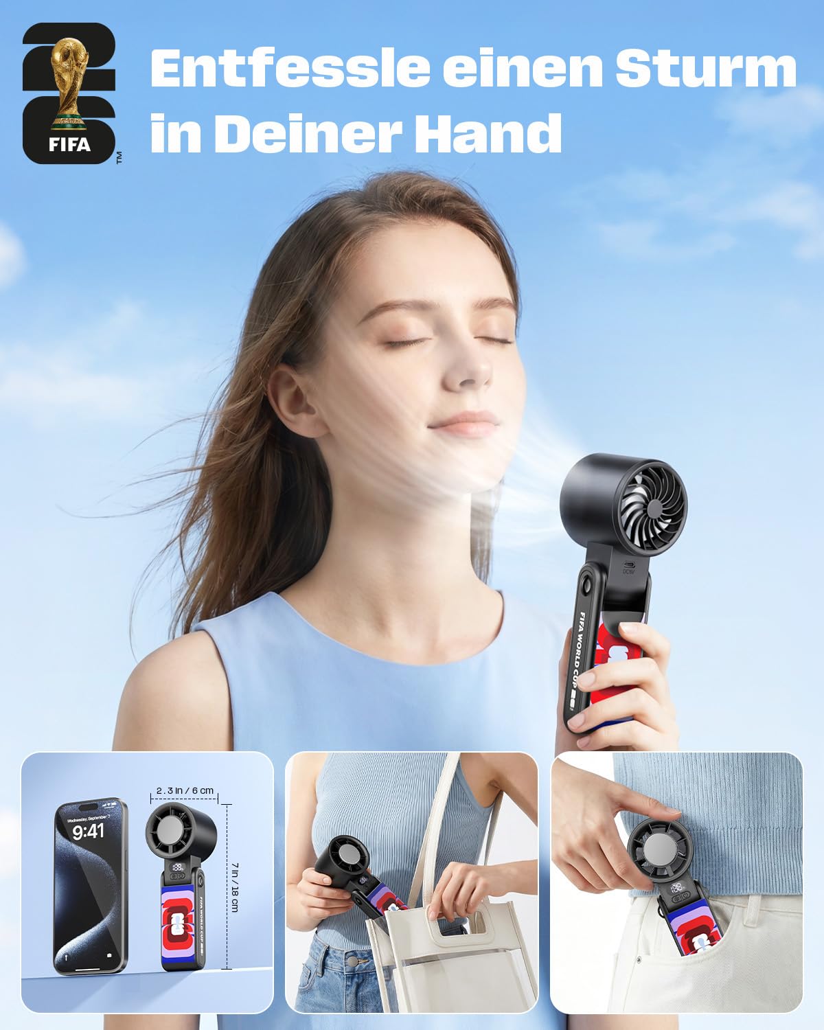 FIFA WM 2026 Handventilator Akku Aufladbar, Turbo Fan mit Kühlfunktion | 1-199 Stufenlos, 3600 mAh, 13.500 U/min, 150° Neigbar, Perfekte Geschenk für Fußballfans, Farbig | Offiziell Lizenziert