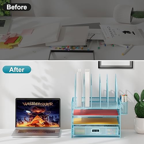 Miniatura 6 de Marbrasse Organizador de escritorio dorado, organizador de archivos de escritorio de malla de 4 niveles con 5 soportes verticales para archivos y 2