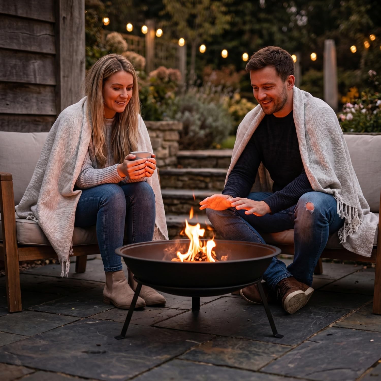 Adler Europe AD 6818 Braciere da giardino da 55 cm con griglia, braciere in acciaio per esterni per legna e bricchette di legno