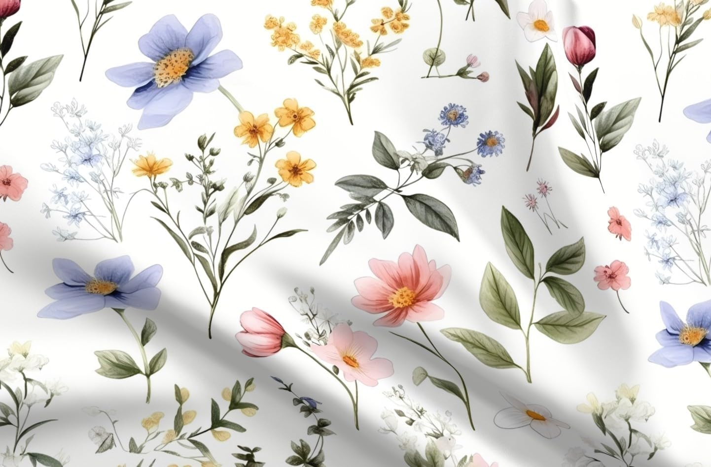 Spoonflower Fabric - Summer Floral Wildflowers Botanical Nature Green Yellow Blue Pink Printed on Organic Cotton Sateen Fabric by The Yard - Sewing Quilting Apparel Home Decor