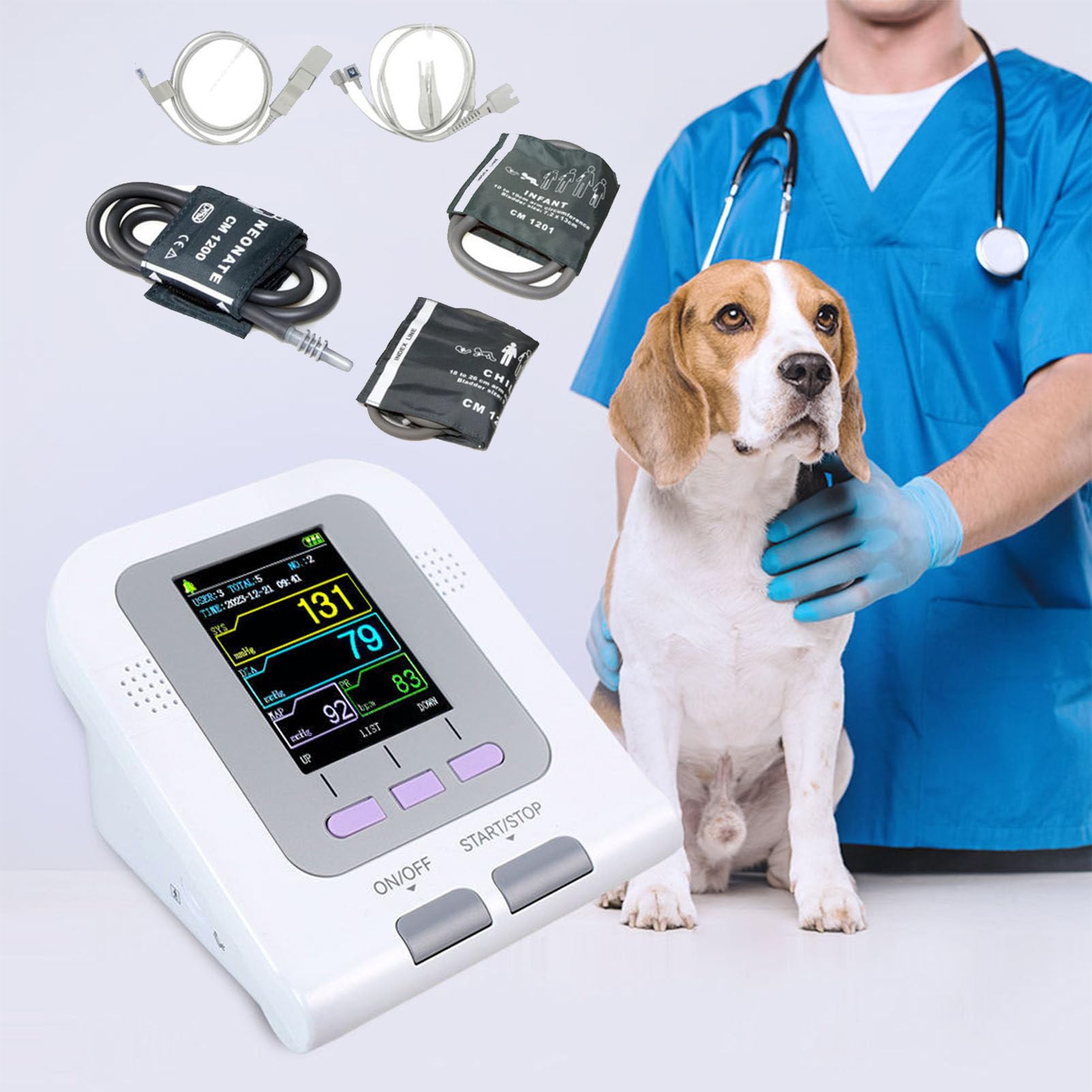 Tensiómetro Veterinario electrónico, tensiómetro Veterinario Digital con Brazalete de 3 brazaletes, Equipo Veterinario de Escritorio para el Cuidado de Perros, Gatos y Mascotas.