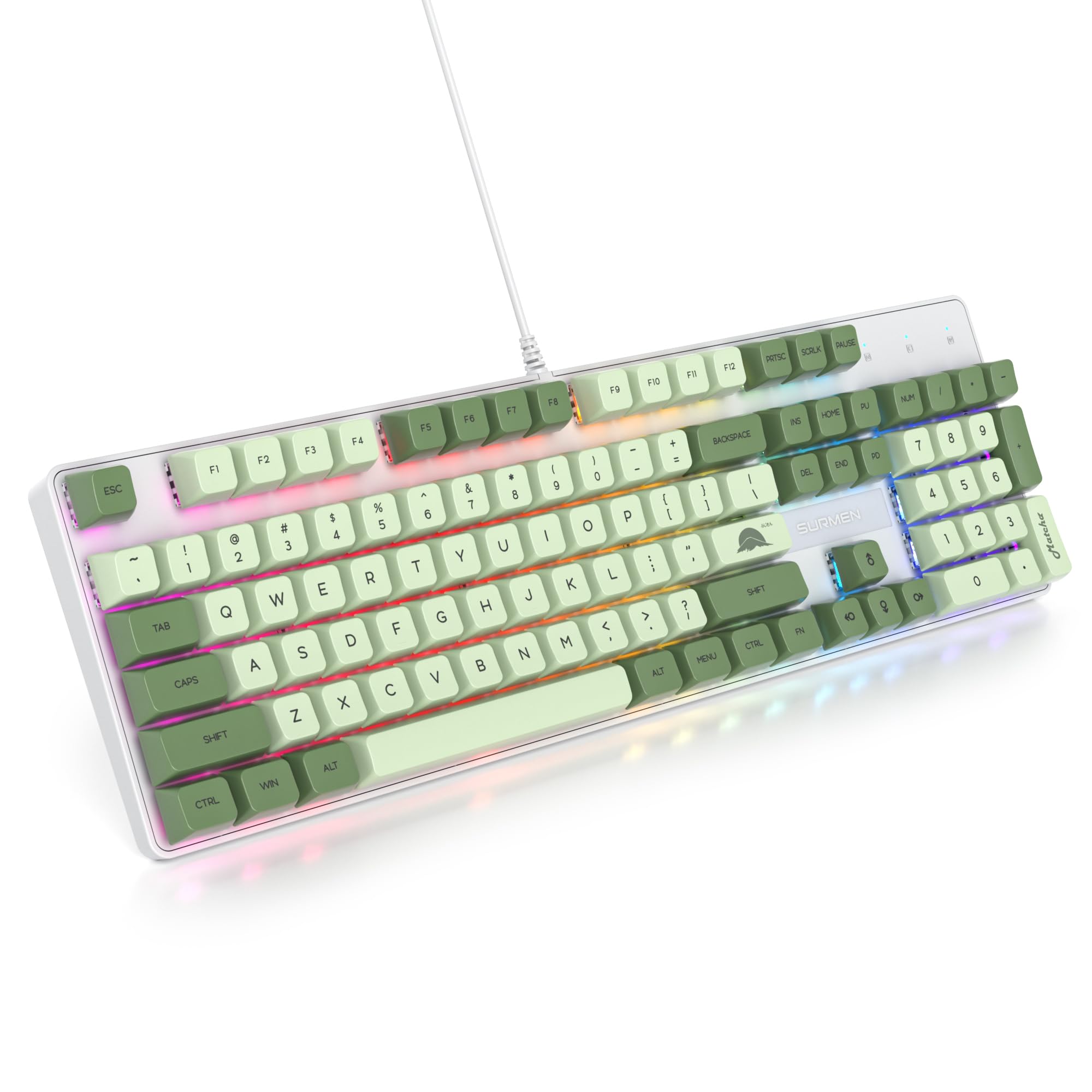 Sólido teclado mecánico para juegos de tamaño completo, diseño QWERTY Matcha Verde,con cable USB 104 teclas retroiluminado RGB con teclado numérico,teclado mecánico NKRO para Windows PC Gamer(104