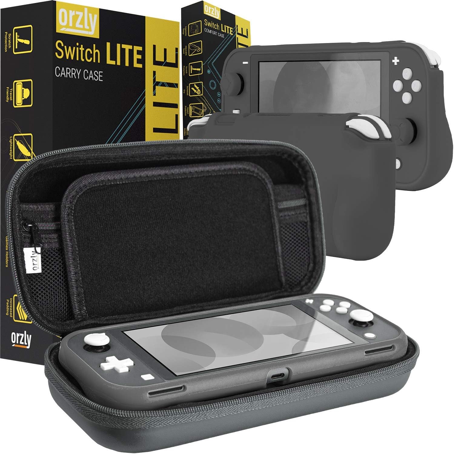 Orzly Carry Case and Comfort Grip in Gray for Switch Lite