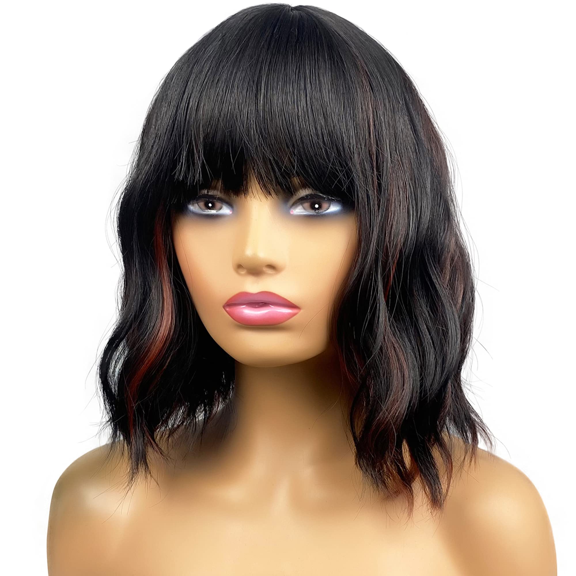 MIMISERVICEShort Wavy Bob Wigs with Bangs,Black with Brown Highlights Short Wavy Wigs for Women,Shoulder Length Curly Wigs,Natural Looking Synthetic Hair Wigs