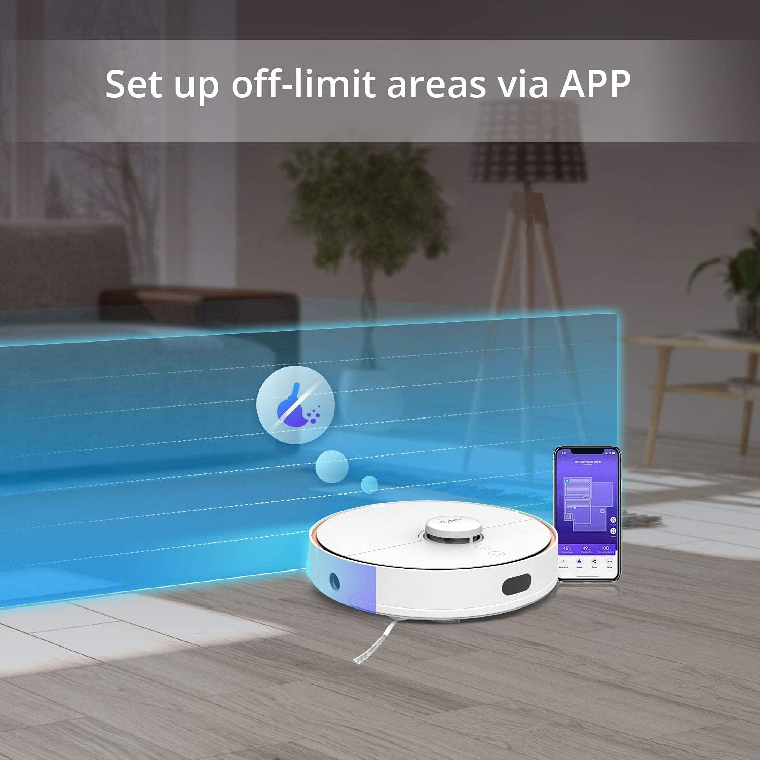 360 S7 Robot Vacuum with app showing off-limit area setup