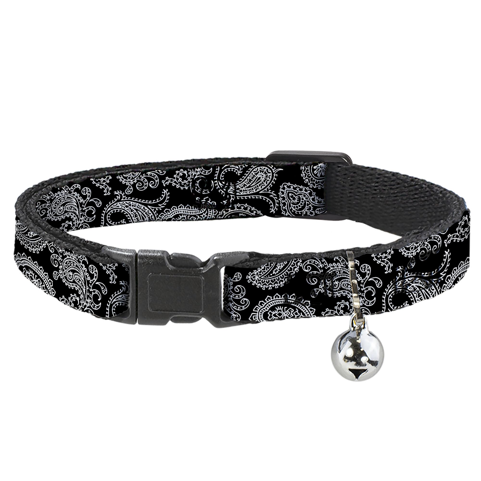 Collar de gato Paisley2 Buckle-Down en negro y blanco para el descanso y la exploración interior
