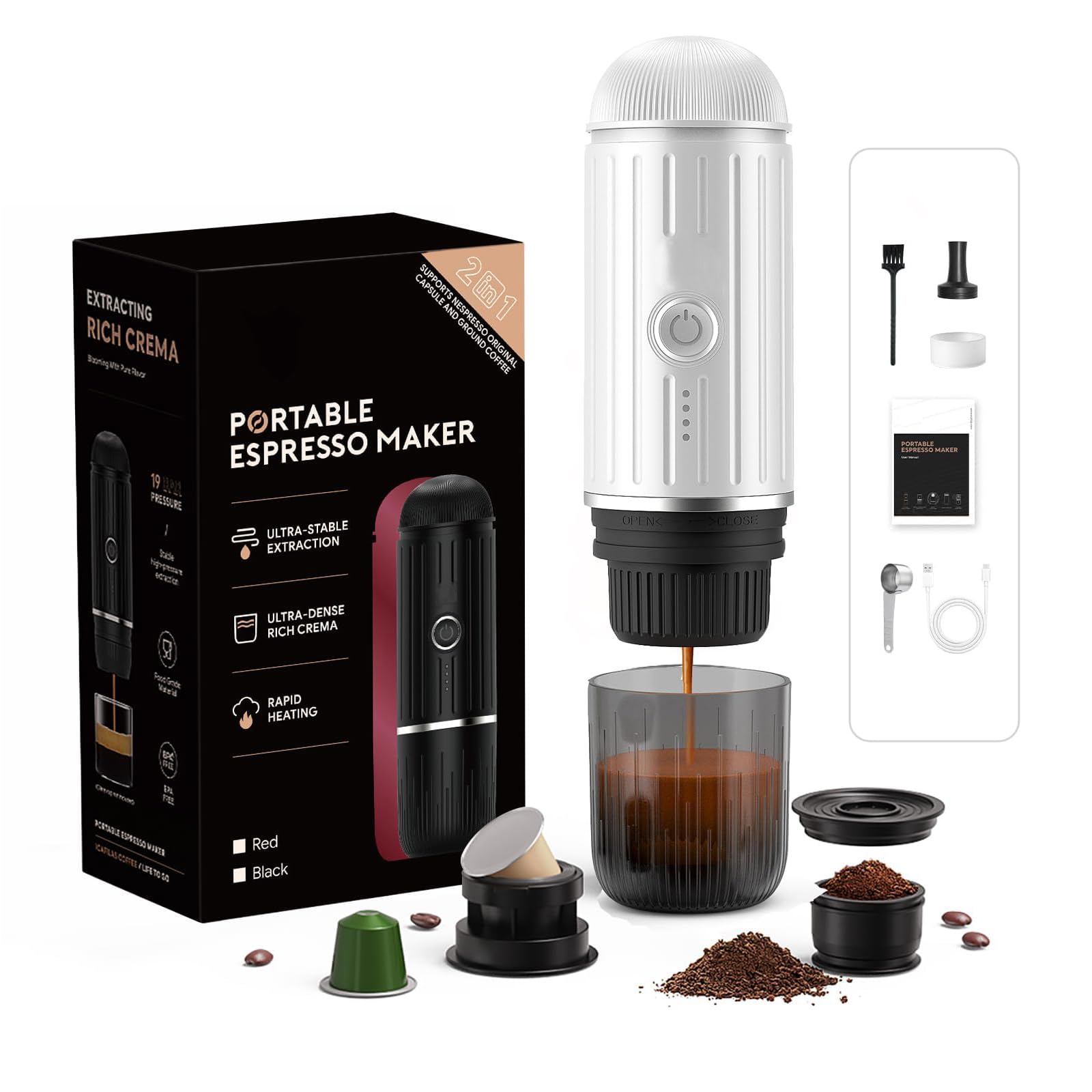 Máquina de café espresso eléctrica portátil, sistema de extracción de calor 2 en 1, cafetera espresso Crema Nespress, soporta café molido y cápsula NS, ME2218 (blanco)