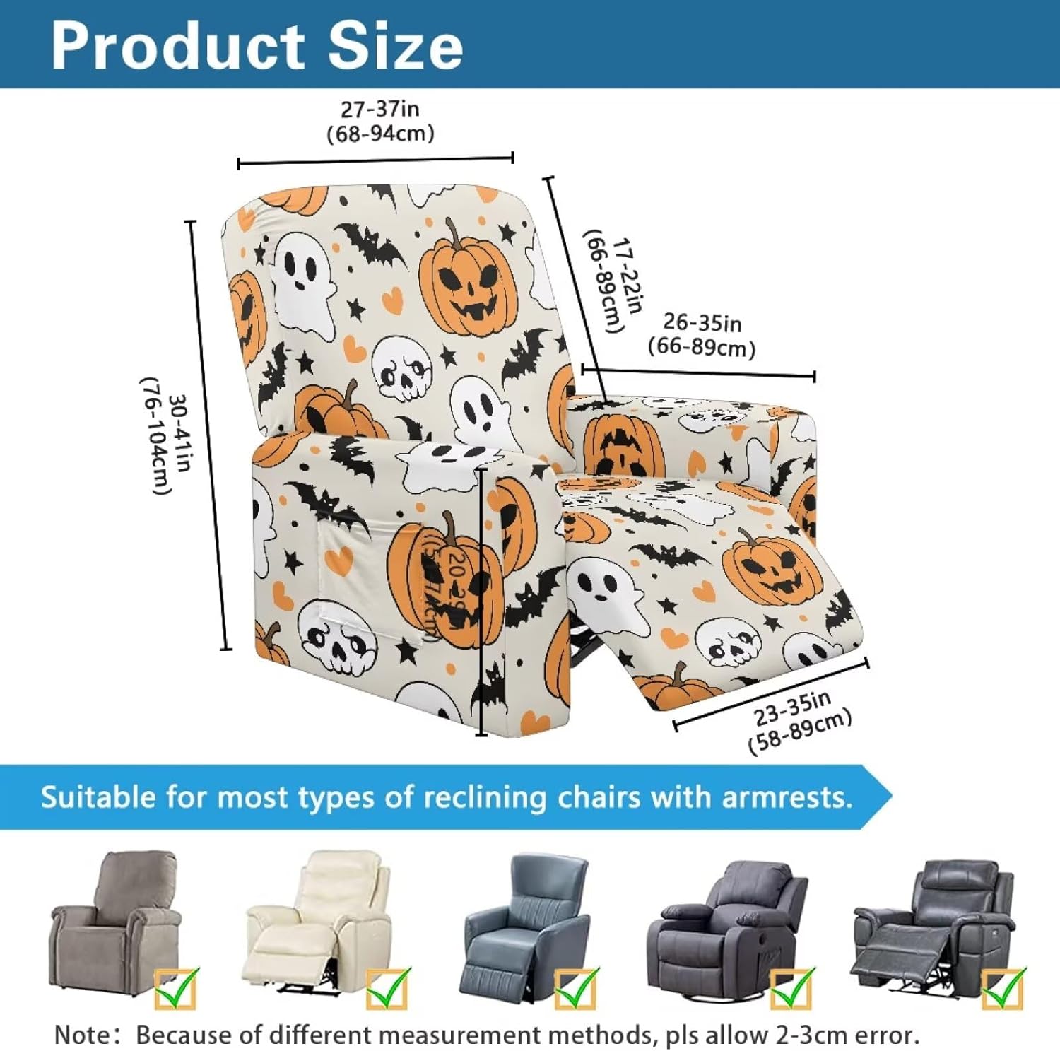 Pumpkin Ghost Magic Sofa Cover Stretch Halloween Recliner Slipcovers Chaise Lounge Covers for Pets Stretch Fabric for Refreshing Old Furniture