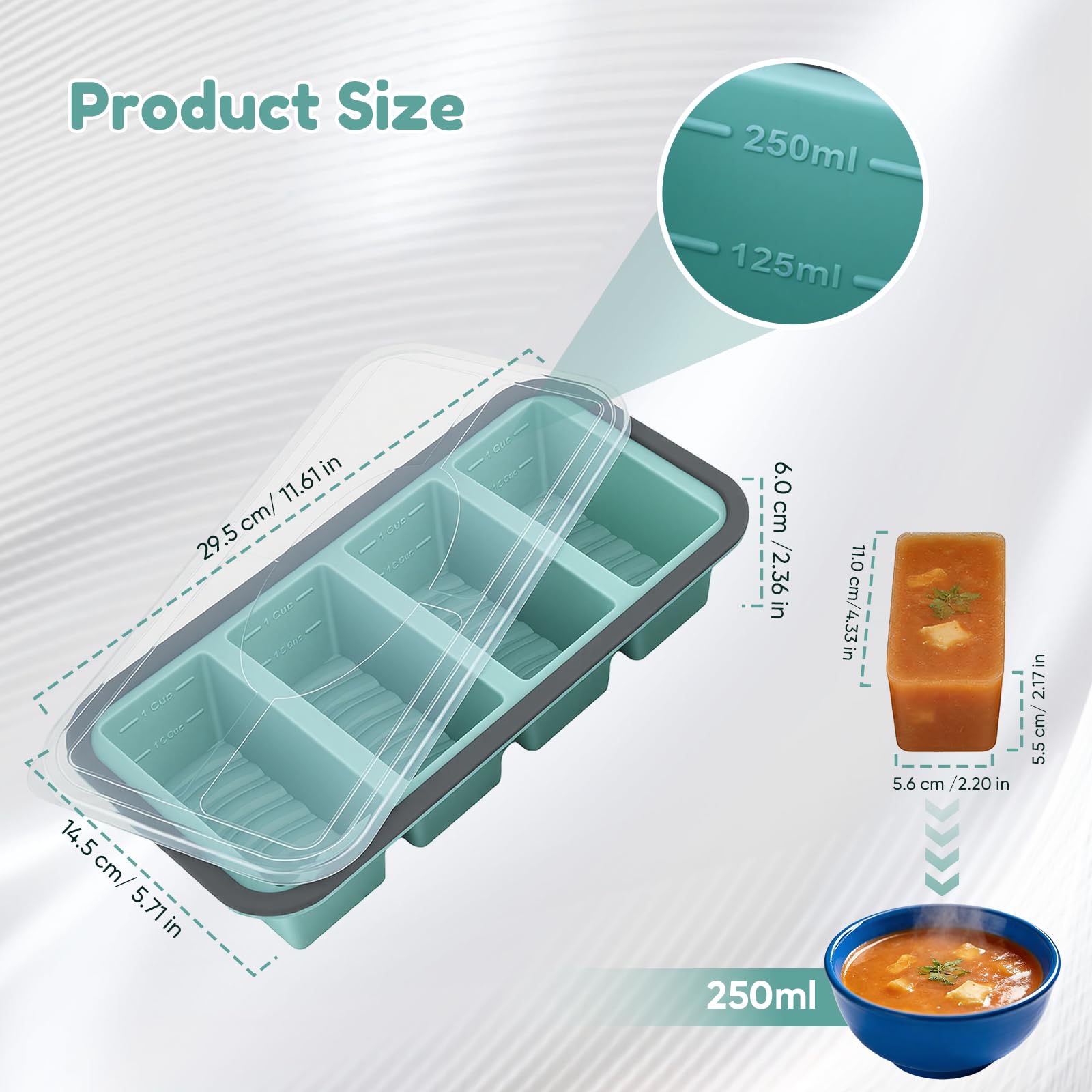 Vassoio per congelatore in silicone, vassoio per congelatore in silicone per cubetti di zuppa, stampo per cubetti di ghiaccio grandi, contenitore per congelatore extra large da 250 ml con coperchio