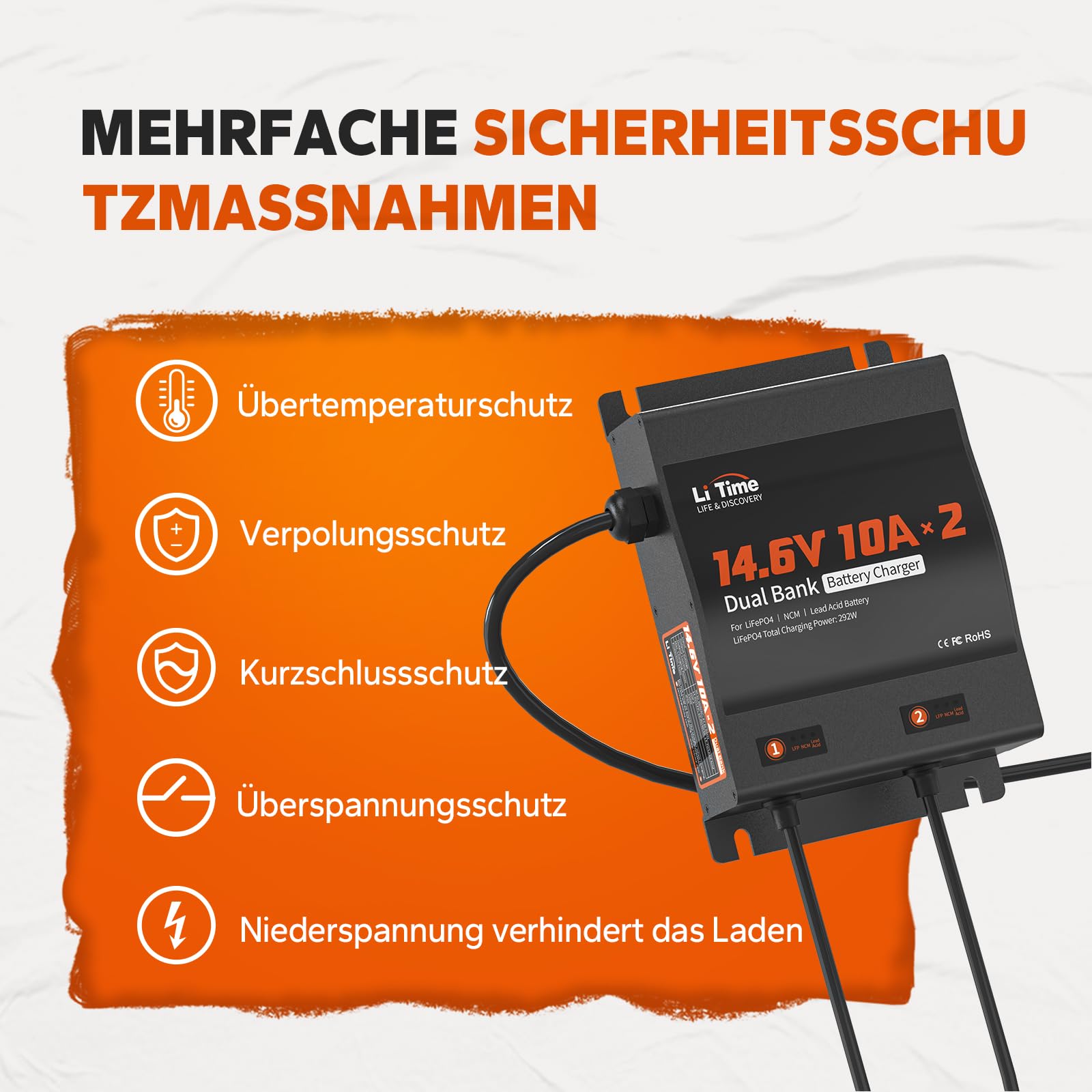 LiTime 2-Pack 10A (10A/Pack) Podwójna Inteligentna ładowarka Akumulatorów, 14,6V ładowarka AC-DC z Bezpiecznikiem, do Kamperów łodzi Motocykli Kosiarek i Akumulatorów Kwasowo-ołowiowych