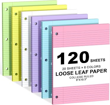 120 Sheets Loose Leaf Paper College Ruled, 8x10.5 Colored Notebook Paper