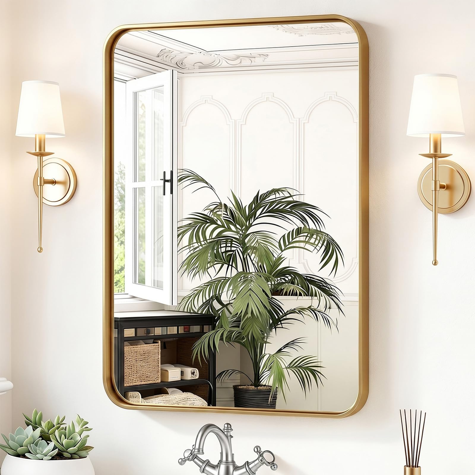 Sweetcrispy Bathroom Wall Mirror, 36x24 Inch Mirror for Over Sink, Gold