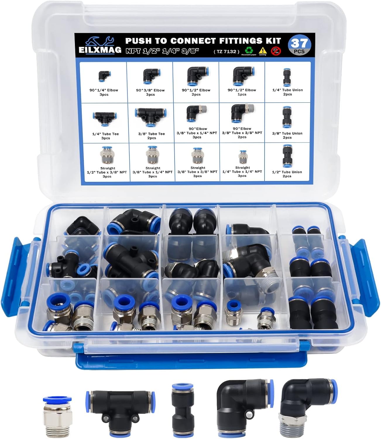 EilxMag Air Hose Fitting kit, 37 Pieces NPT Thread Push To Connect