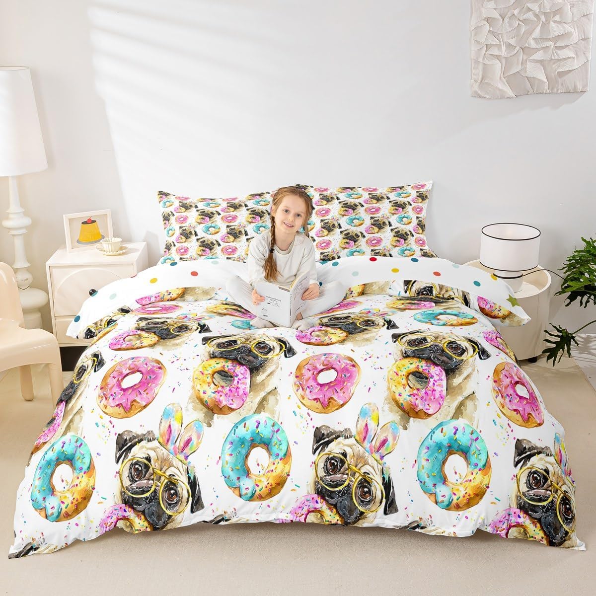 Erosebridal Dog Bedding Set, Dessert Donuts Duvet Cover for Kids Boys Girls Cute Puppy Comforter Cover Full Size Lovely Pug Animal Confetti Bedspread Cover 3 Pcs with 2 Pillow Cases