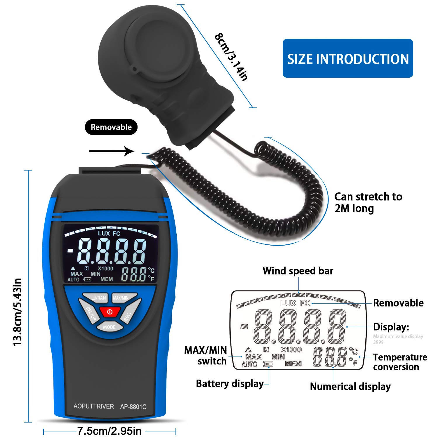 AP-8801C Digital Lux Meter 0.1~400,000Lux Beleuchtungsmessgerät Lux Messgerät Beleuchtungsstärke Lichtmesser mit Ausziehbarem Lichtdetektor bis zu 2 Metern, Daten Halten, Lux/FC-Auswahl - Blau