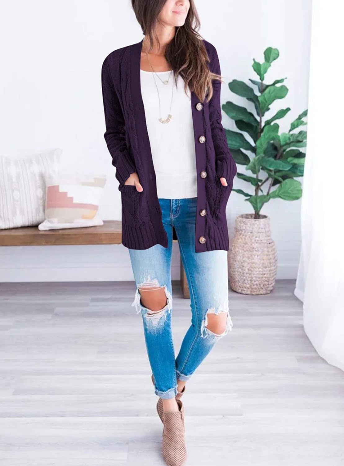 PRETTYGARDEN Women's Open Front Cardigan Sweaters Fall Fashion Button Down Cable Knit Chunky Winter Clothing Outerwear Coats - Image 6