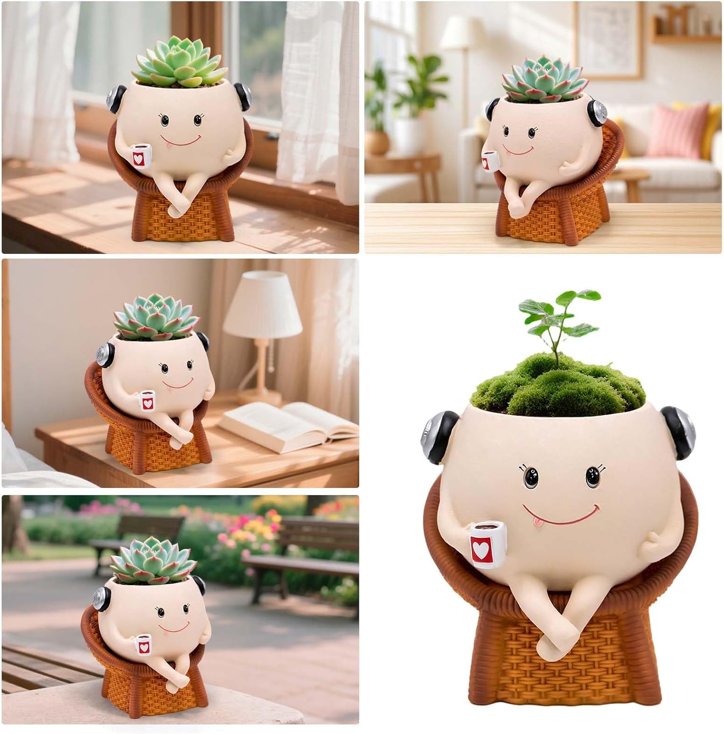Smiley Face Planter Pot, Cute Resin Flower Pot for Indoor Outdoor Plants, Unique Rattan Chair Style Succulents Plants Flower Pot, Gift on Mother's Day, Birthday, Christmas with Drainage Hole