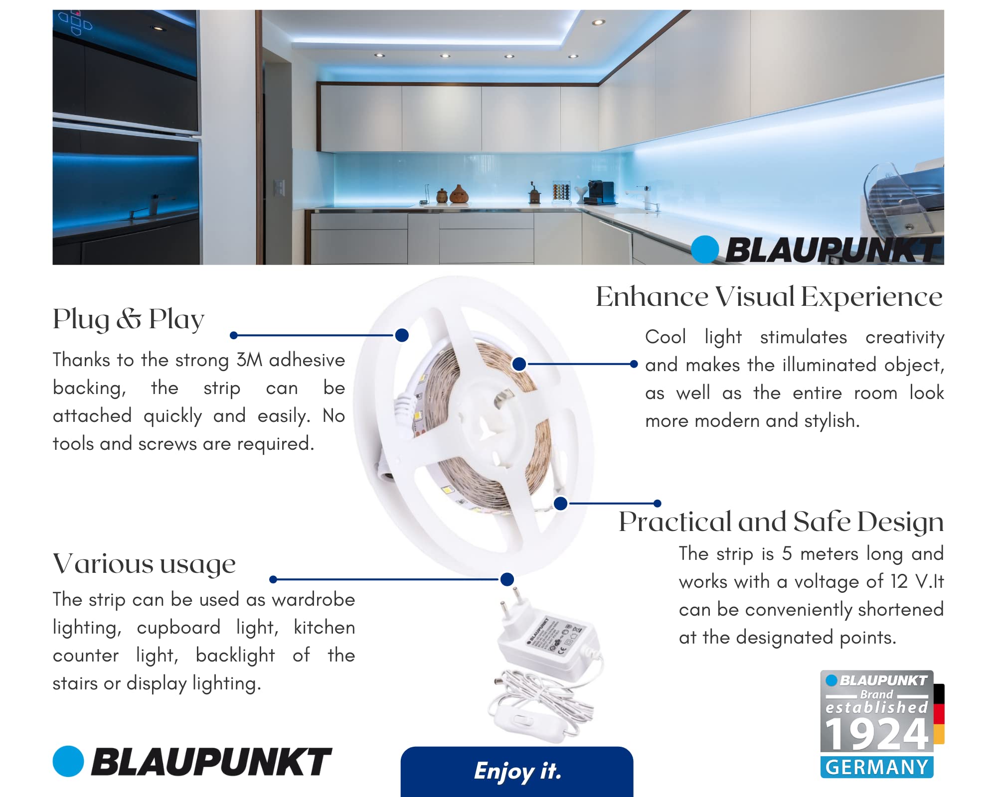 Blaupunkt Strip LED Galaxy 5m - specjalna atmosfera listwa świetlna - chłodna biel 6000K, idealna taśma do oświetlenia salonu, kuchni, sypialni, korytarza, 12 V, Plug & Play