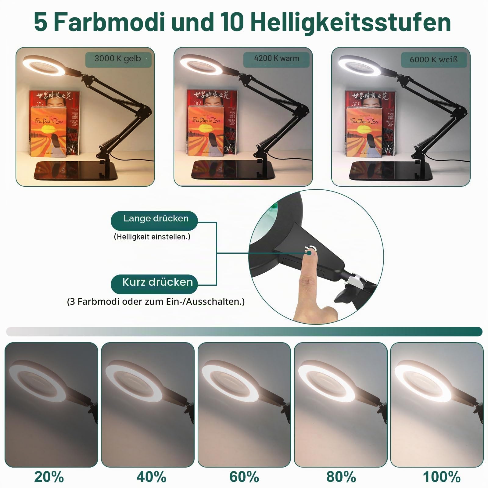 Lupenlampe mit Fuß & Klemme, Rund Lupe mit Licht, Touch-Steuerung | 2-in-1 Flexibilität,6D Glaslinse, Lesen & Handarbeit, gleichmäßiges LED-Licht für entspanntes Arbeiten