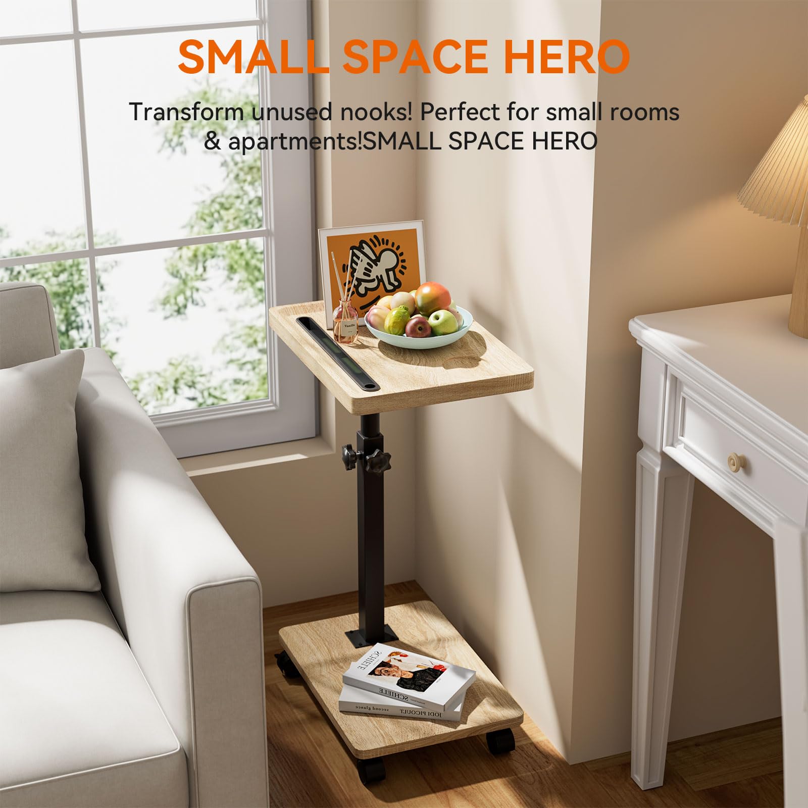 IBUYKE Mesa Auxiliar en Forma de C,con Ruedas,Natural TVT007R | Giratoria 360°,Altura Ajustable,Mesa de sofá para Espacios Estrechos,con Ranura para Tableta,para salón,Dormitorio