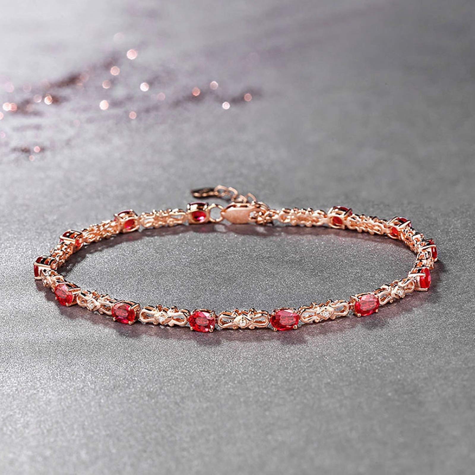 ZH1YFD Pulsera de Cadena de rubíes en Oro Rosa, eslabón de Barra con Pulseras de rubíes de 2,6 CT en Mujeres 17+2 CM
