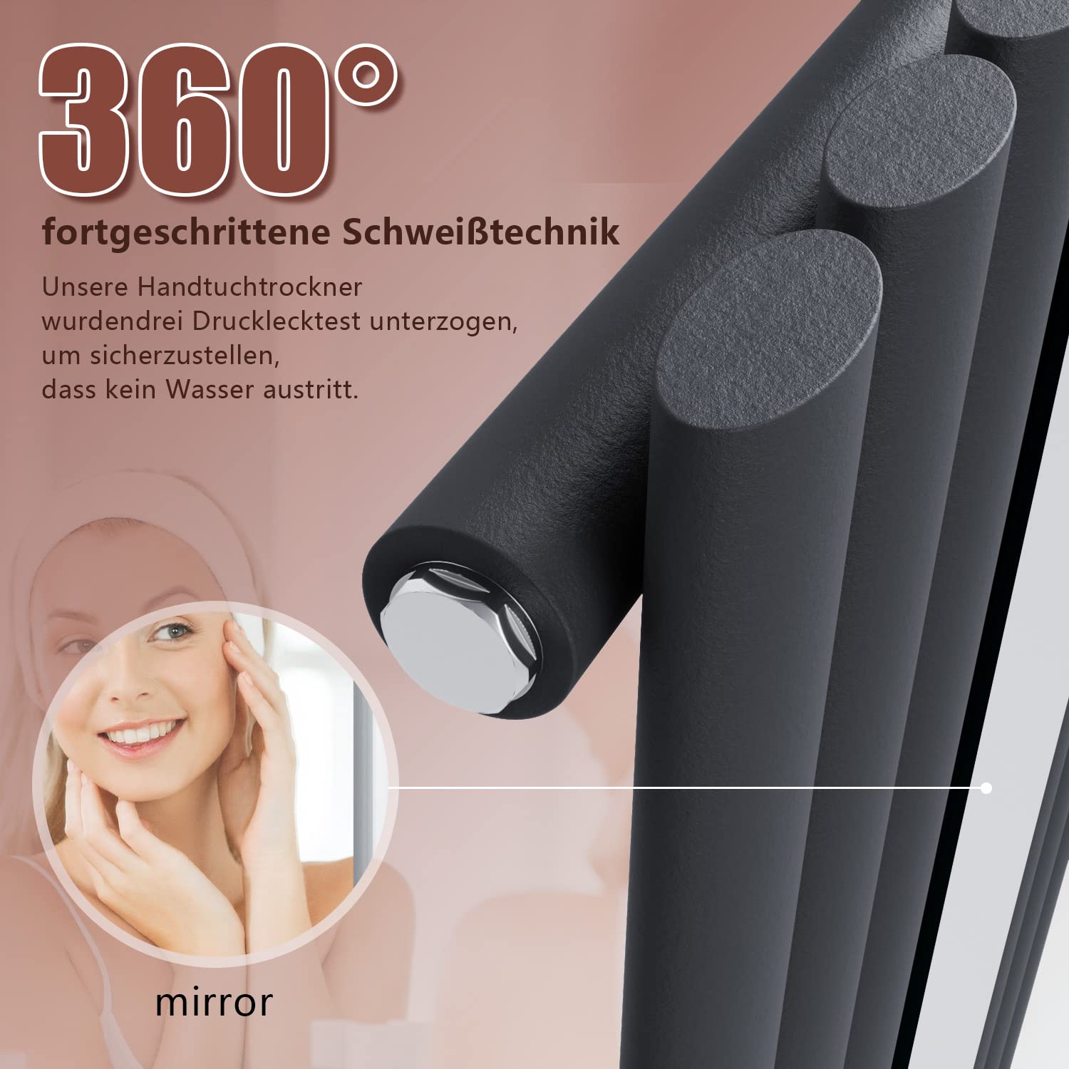 ELEGANT Radiateur de salle de bain design en tubes, avec miroir, 1 800 x 500 mm, anthracite, simple couche, raccord central, tube vertical