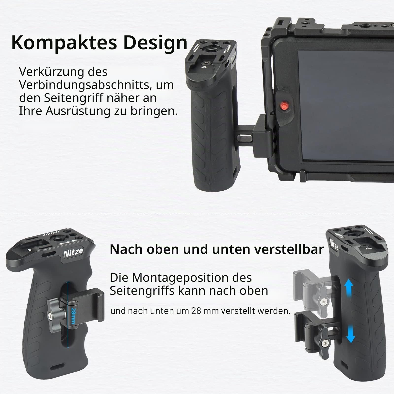 Nitze Ergonomischer Seitengriff mit NATO-Klemm, Side Handle NATO-Clamp für Linke Oder Rechte Hand, Mini-Seitengriff with Built-in Cold Shoe Nach Oben und Unten Verstellbar für Kamerakäfig-PA29C