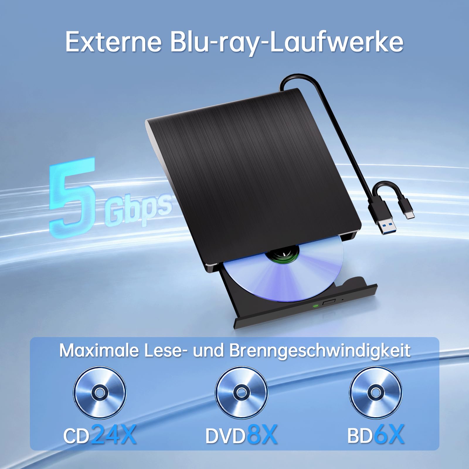 Yaeonku Externes Blu-ray Laufwerk Blu-ray Laufwerk DVD/BD Player Blu-ray Laufwerk USB 3.0 und Typ-C DVD Recorder für Windows XP/7/8/10/11 MacOS für PC,Laptop,Desktop,Mac
