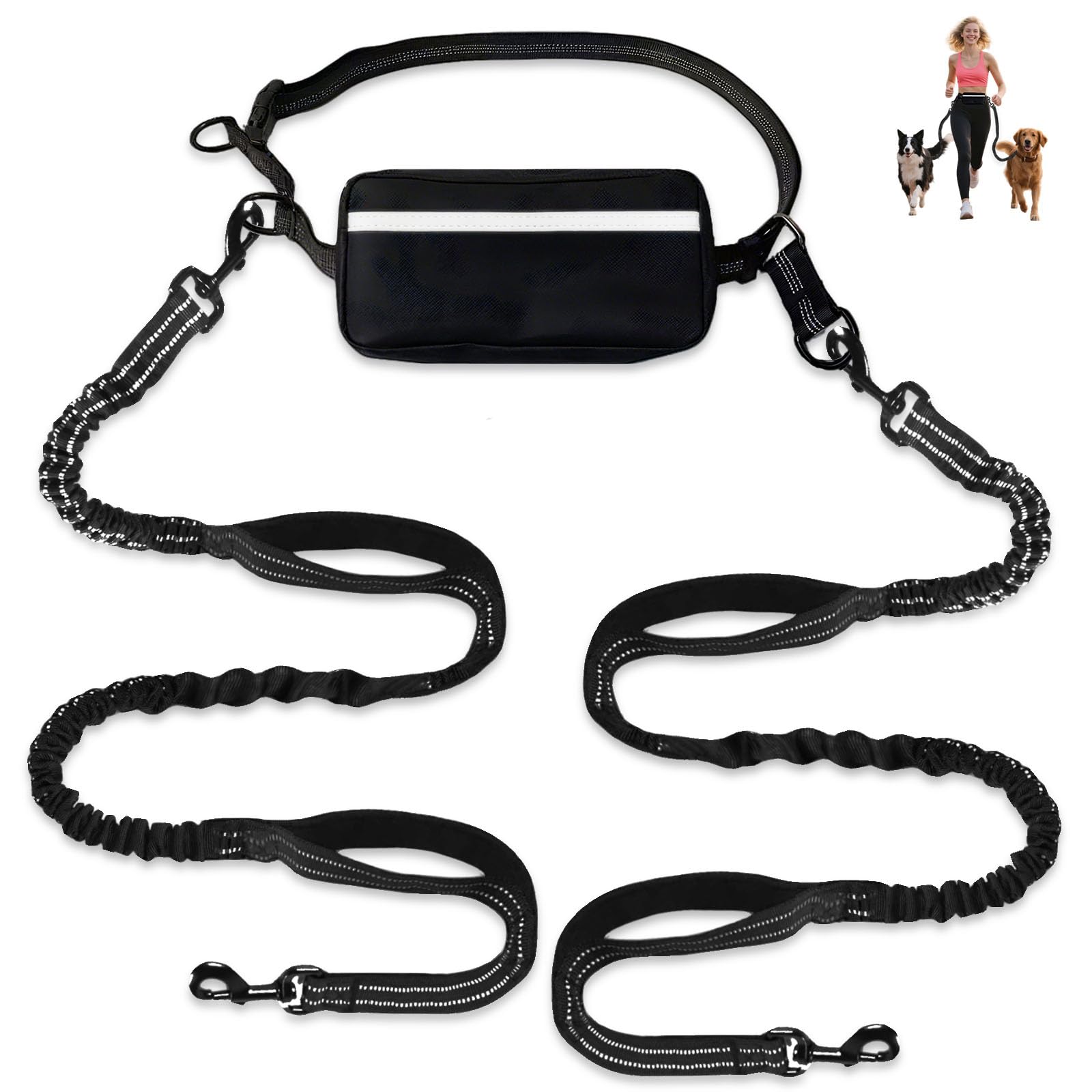 Correa de perro manos libres para 2 perros con cinturón de cintura y bolsa grande, correa de cintura para pasear perros, correr y senderismo, correas retráctiles dobles para dos perros con