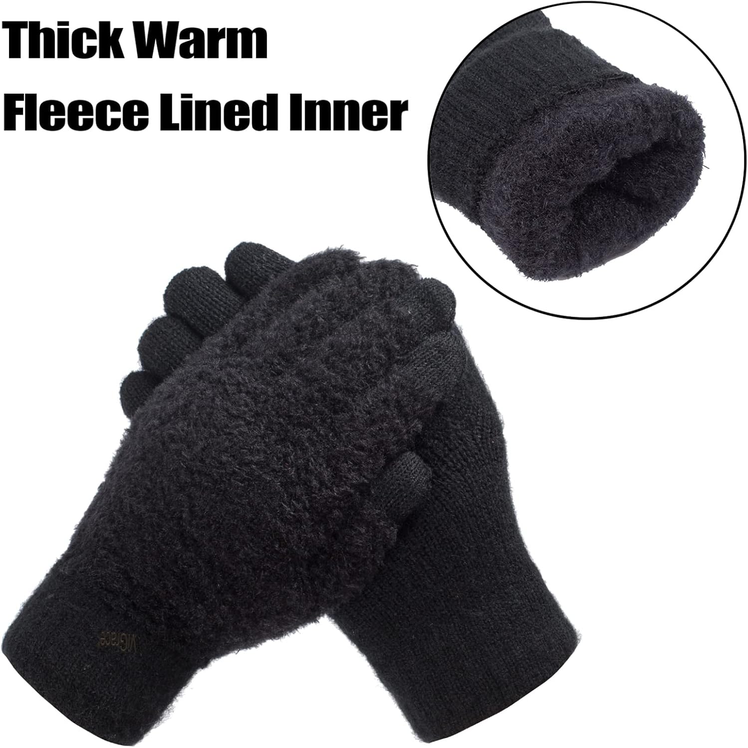 ViGrace Women's Winter Warm Touch Screen Gloves Cable Knit Wool Fleece Lined Touchscreen Texting Mittens for Women - Image 4