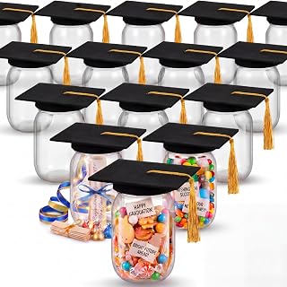Amyhill 16 Sets Black Graduation Cap Candy Jar 12 oz Plastic Mason Jars Candy Containers for Class of 2026 Table Centerpieces Graduation Party Favors