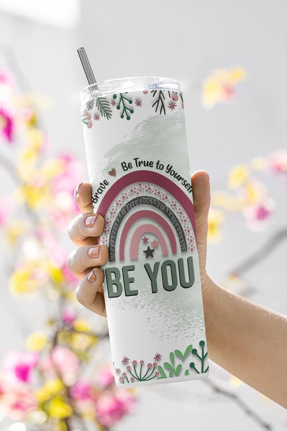 Debra Dale Designs 20 Ounce Stainless Steel Travel Mug Tumbler with Lid and Straw - Boho Style Coffee Cup - Sometimes You Forget You're Awesome sentiment