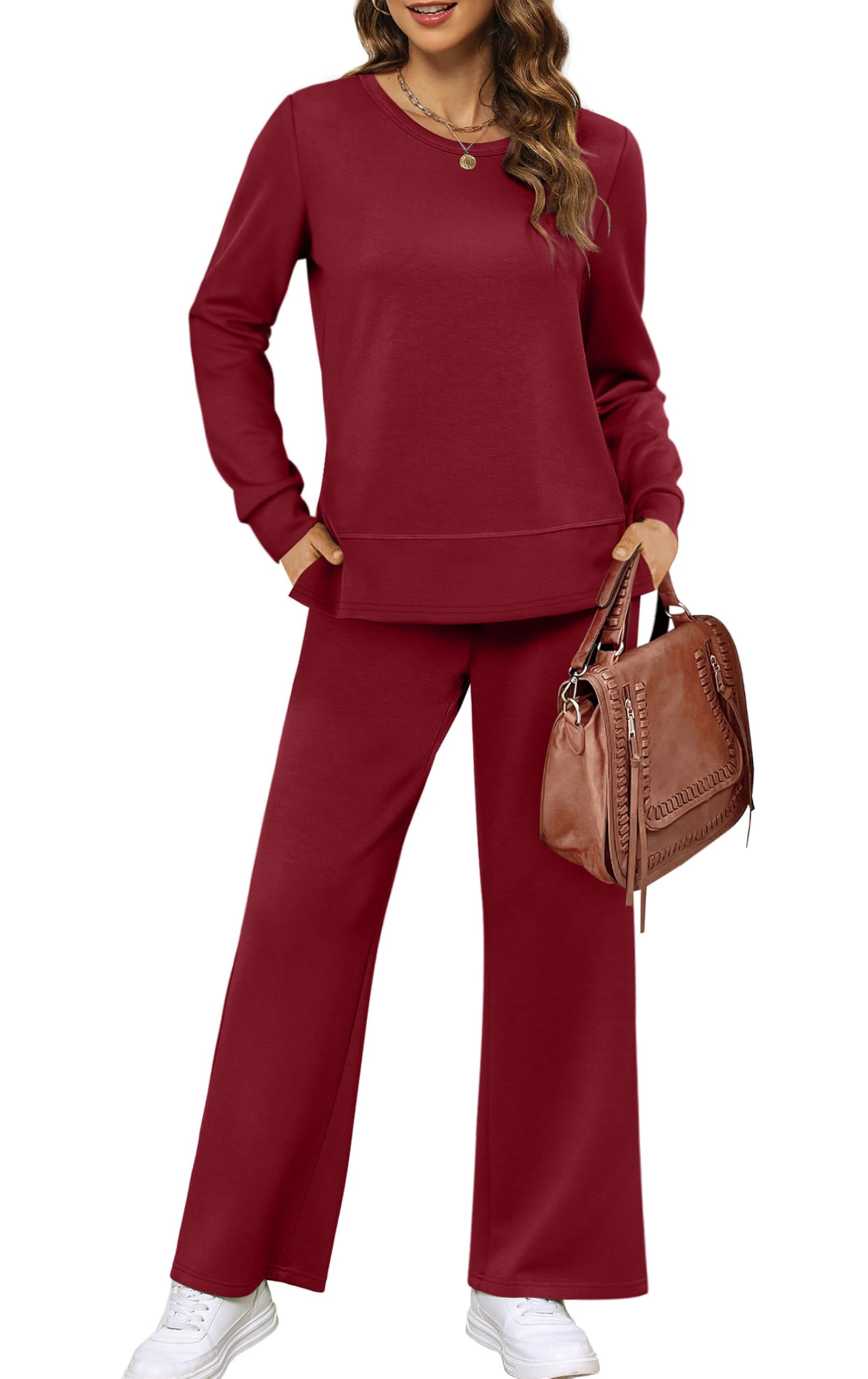 XIEERDUO Women's 2 Piece Lounge Sets Side Slit Outfits Wide Leg Tracksuit Comfy Loungewear Fashion Sweatsuit S-3XL