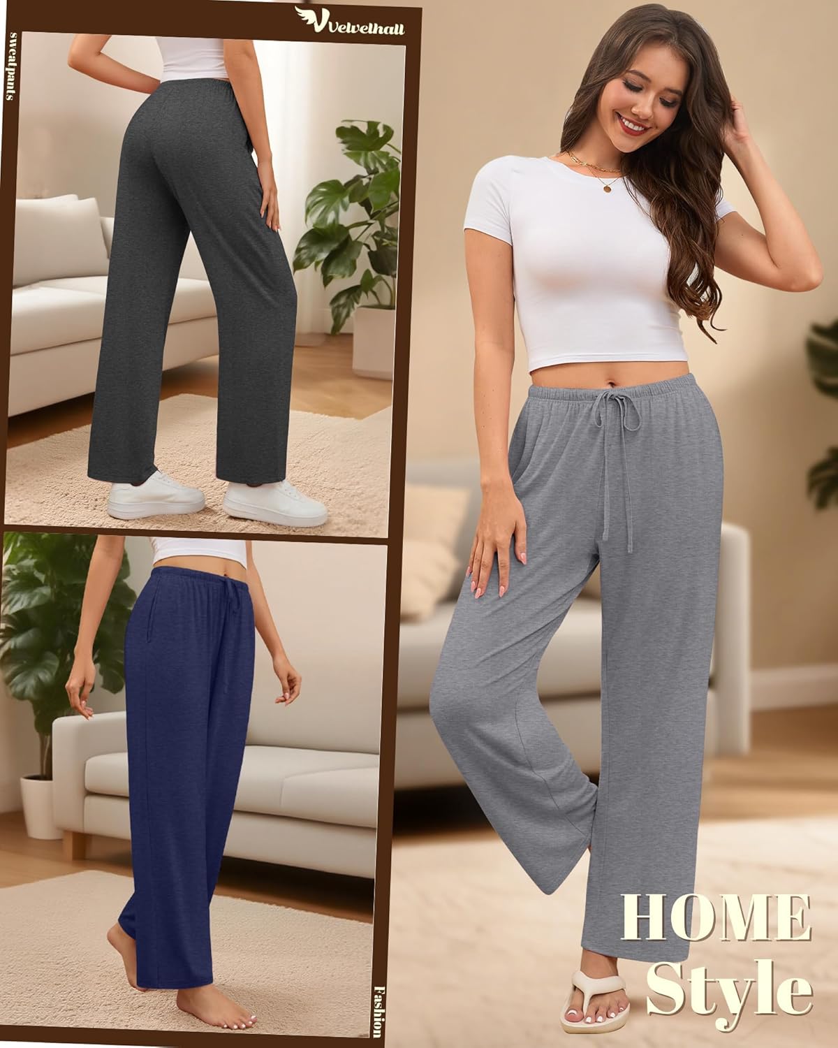 4 Pack Women's Lounge Pants Comfy Wide Leg Yoga Pant Drawstring Loose Baggy Sweatpants Open Bottom with Pockets - Image 6